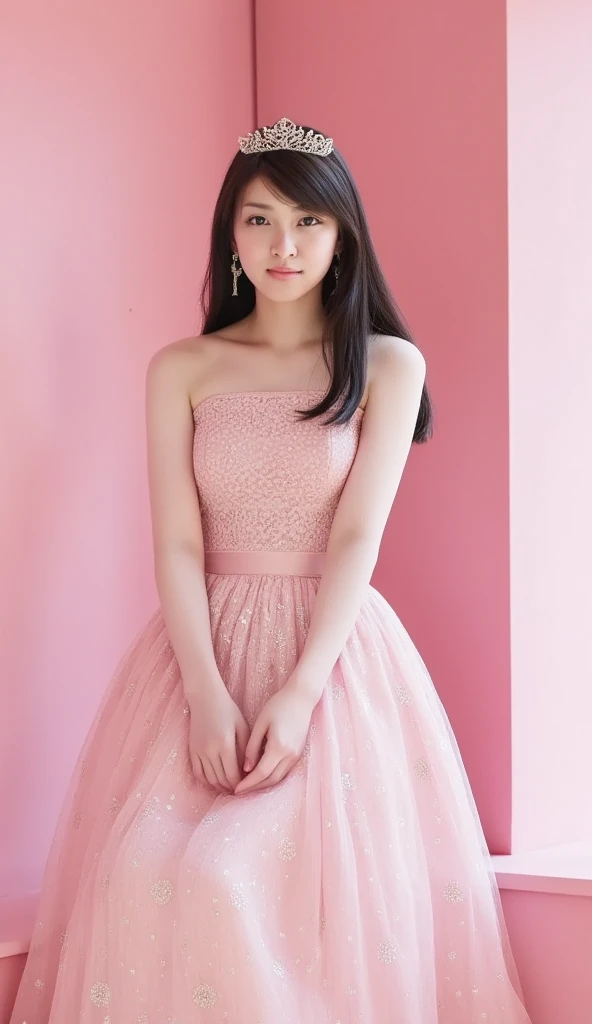 21yo girl, beautiful dress, pink background