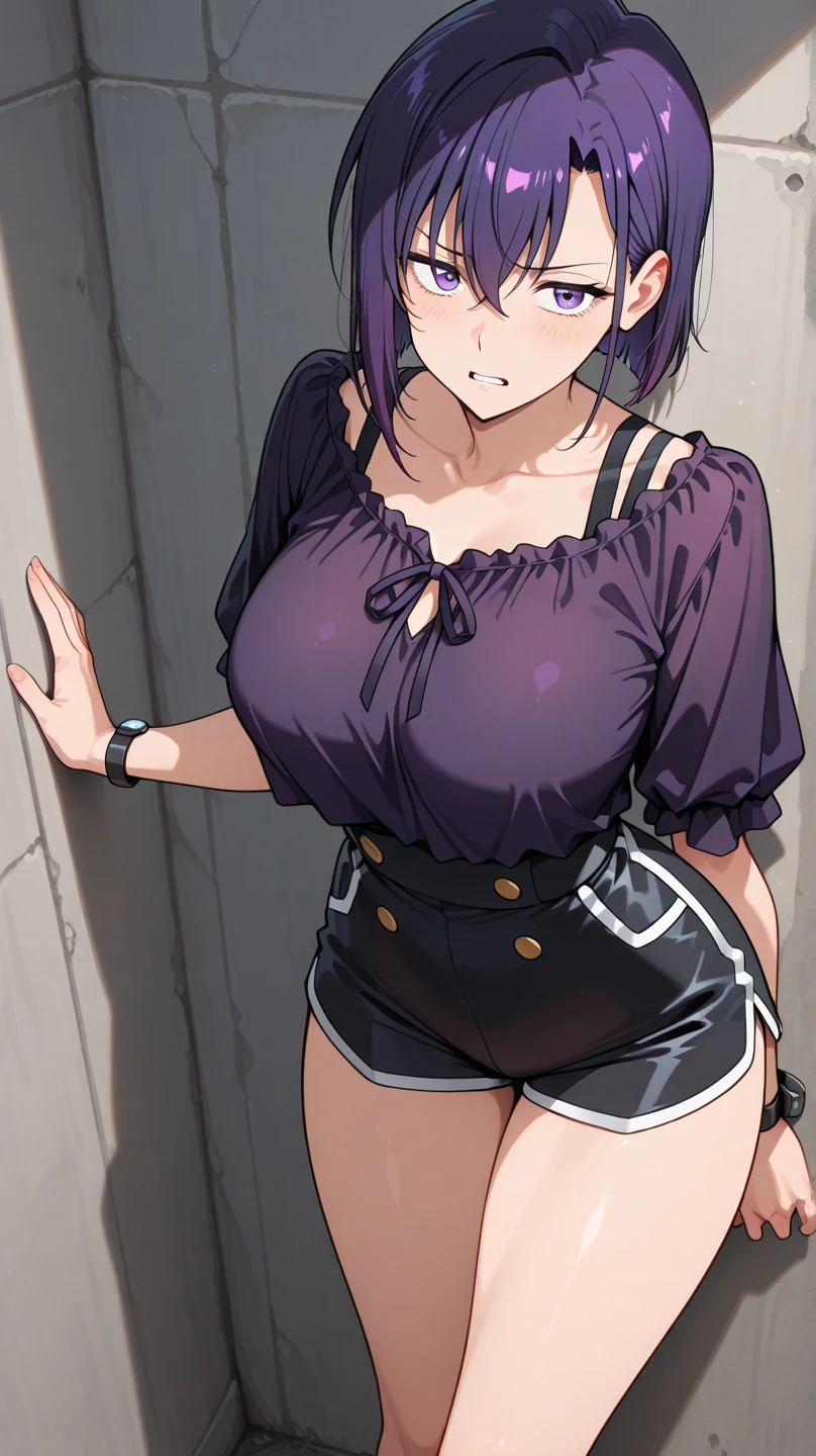 masterpiece, highest quality, High resolution, Artats, Mechanical halo, Large Breasts, Black clothes, Neck ribbon, Long sleeve, Black gloves, Outdoor, Cowboy Shot, Are standing, Have a weapon, Extremely skilled, ,(large breast:1.1),(round breast),busty,full bust,sweat,(slender:1.4),(narrow_Waist:1.4),(thin_Waist:1.5),(purple bra:1.2),Emphasize cleavage,(shirt lift),((toned stomach))