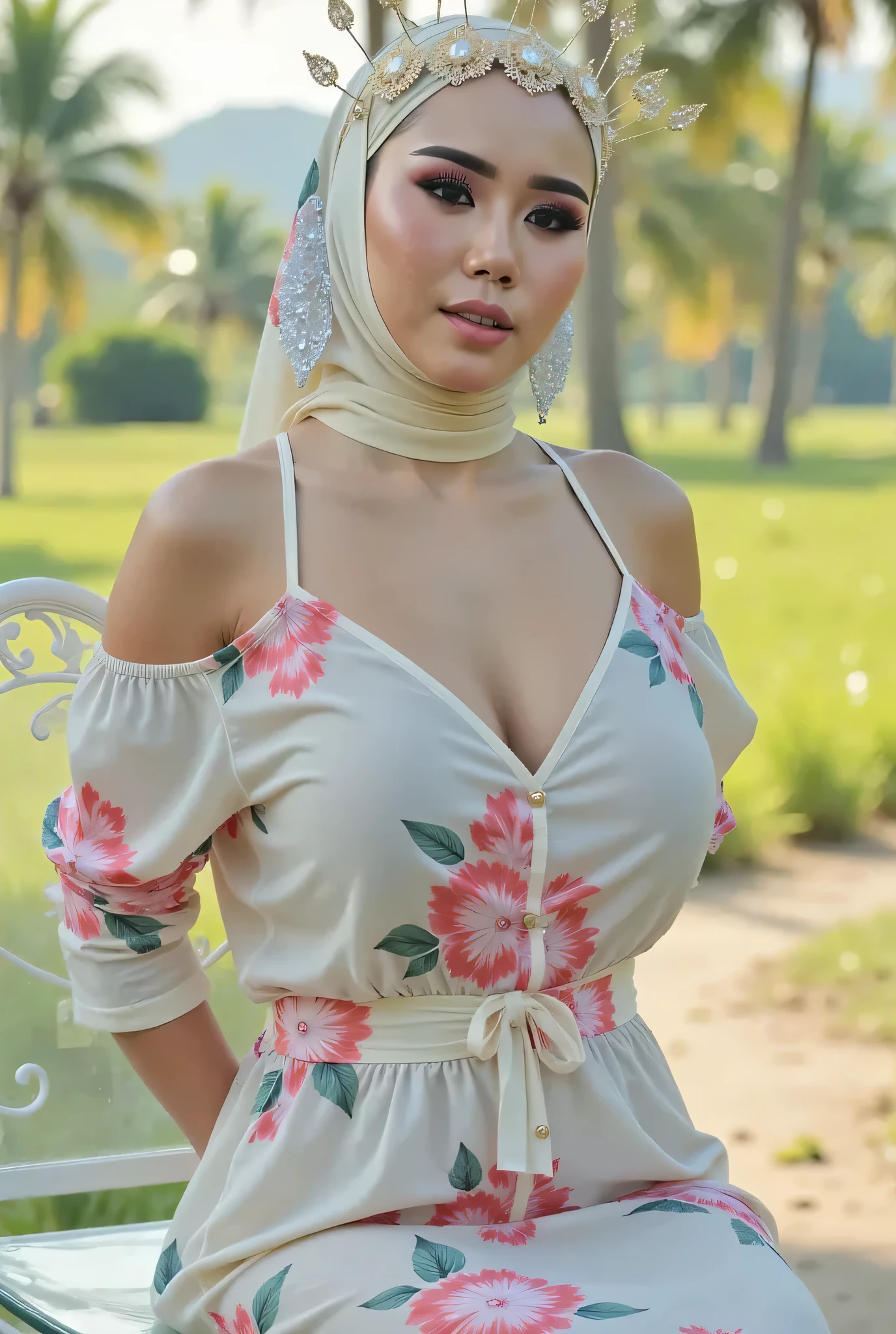 BIMBO LIPS, front posing, " CLOSING MOUTH FACE EXPRESSIONS ", Both hands are lying behind the back, Wearing flora print hijab,  (photorealistic:1.6) ((Indonesian hijab)), background rice paddy. daytime atmosphere, (((please don't showing any finger!!!))), ((sitting on a glass chair)), hands behind back,  Look from the front you are !, wearing tembus pandang Fully bright neon light blue flora print 'unbuttoned' plain LOOSE strapless dress. (blink pink eyeshadow & pink eyeliner) PLEASE DON'T PUT ANYTHING ROPE AT MY CLOTHES!!!. BOTH HANDS LYING BEHIND YOUR BACK , SILFOE PHOTO. BIMBO LIPS. NEXT DOOR  PROTRUDING