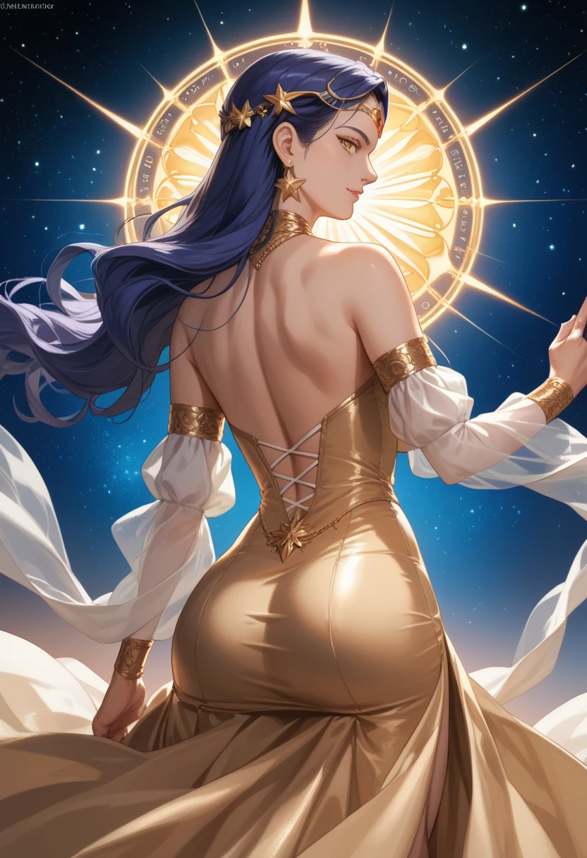 one American girl, realistic green eyes, long light purple lilac hair, large , large chest, cleavage, draped in white fabric with gold accessories, gold jewelry, high cheekbones, close up, masterpiece, best quality, looking at viewer from behind over the shoulder, plump lips, oriented to the left, purple starry sky with close up bright large full moon centered behind woman, zoomed out, full body