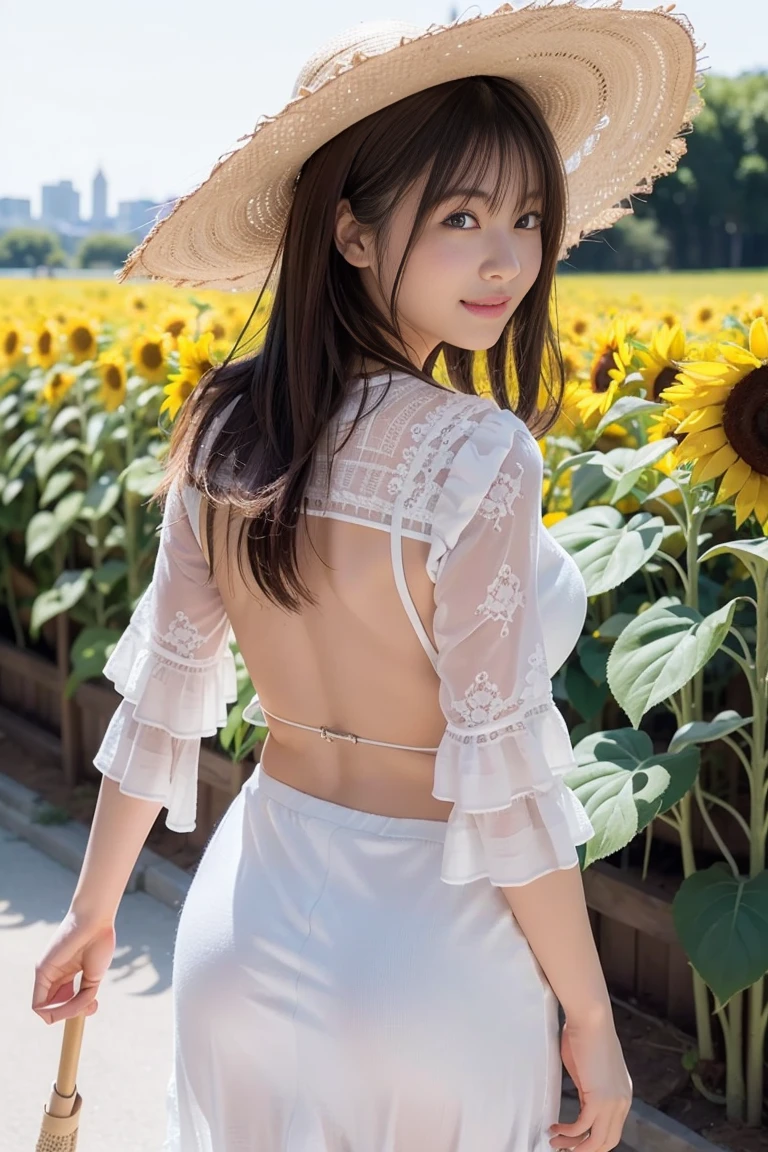 Best quality, masterpiece, ultra-high resolution, 8K, (reality: 1.4), RAW shooting, most detailed face, very detailed and perfect anatomy, live photography; most beautiful face; shining skin; one 18-year-old Japanese.My bangs and eyes are big and cute.It has brown eyes, gentle eyes, long brown hair, a young face, and a large chest.E-cup. Look at the audience.angelic smile.One Piece, Photography from behind, Turning around and smiling, sunflower field ,a smiling face.