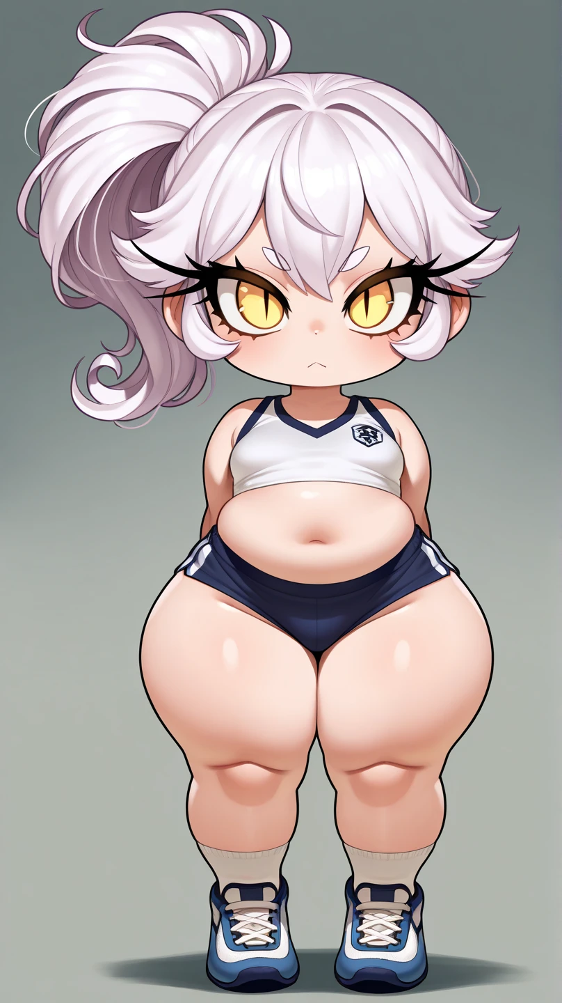 woman，Wide hips，Big Ass，Thick thighs，front，，posture，Green short hair，Green Eyes，Purple bow，White socks，Small leather shoes，Antenna Hair，Doudou Eyebrows，Hair rope，Bangs，Green Hair Bow Girl，Sleeveless suit，，Thick thighs，Huge ass，Camel horns，Sweat，sports，Wide hips，muscle，