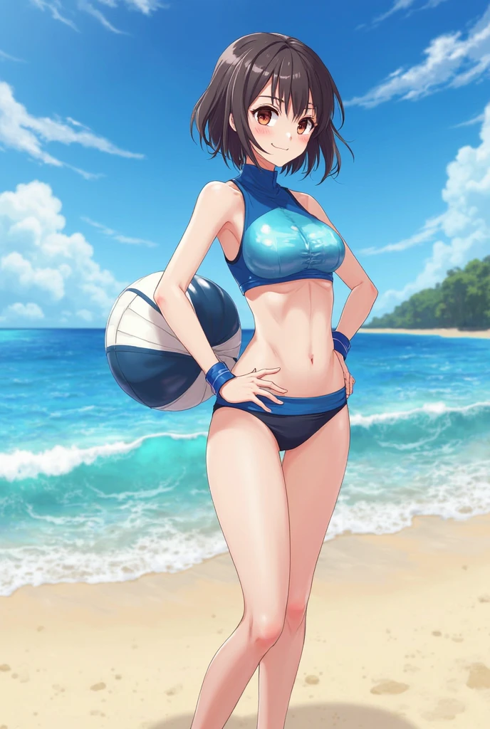 (masterpiece), best quality, expressive eyes, perfect face, One-piece swimsuit, Looking at viewer, Pull, Rainbow Ponytail hair, Vibrant, A Tall Woman, Beach, Thigh Highs