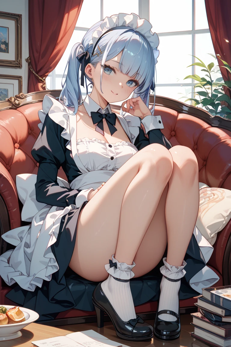 masutepiece, Best Quality, hight resolution, ram1, 1girl in, Solo, Remu \(Re:Staynight\), Blue hair, white thighhig, Short hair, Red Eyes, Hair over one eye, Ribbon trim, Hair Ribbon, X Hair Ornament, frilld, Maid headdress, Waist apron, garter strap, a black ribbon, medium breasts, cleavage, Long sleeves, White Apron, Neck ribbon, Purple Ribbon, Wide sleeves, Hair Flower, Indoors, Sitting, crossed legs,