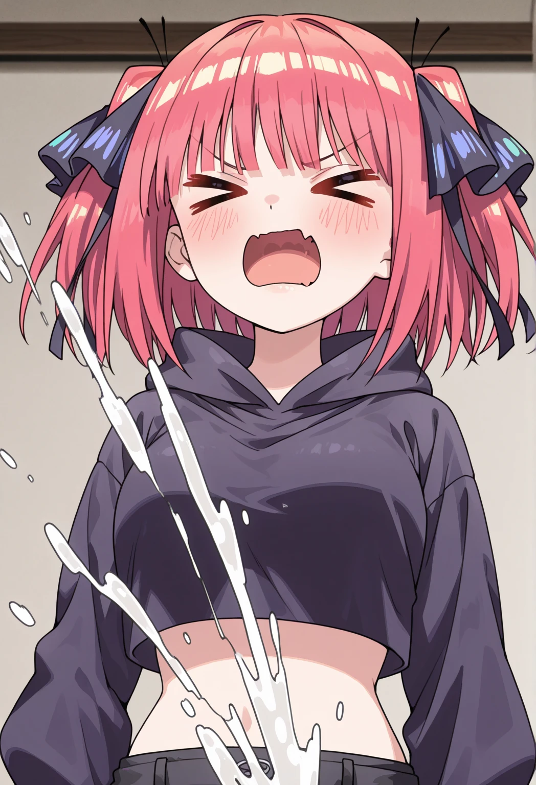 solo, 1girl, nsfw, nino nakano, short hair, bangs, blue eyes, hair ornament, hair ribbon, pink hair, blunt bangs, two side up, butterfly hair ornament, empty eyes ,large breasts, nipple, ,, Heavy snowfall area frozen (Sweating profusely, Love juice, Wet Woman, female ejaculation) crying mountain Alone, crying, Naked, barbecue , Peeing, lactation, projectile lactation