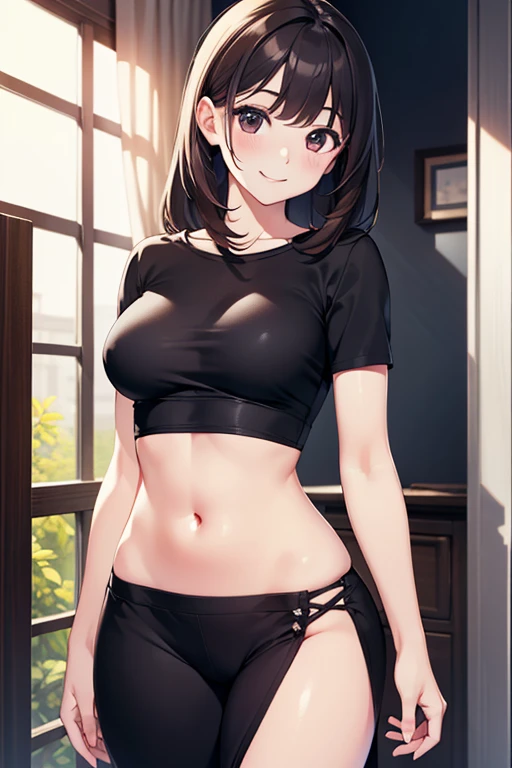 1girl, underwear, lingerie, tight shirt, big chest, reaching at the top of a cupboard, shiny skin