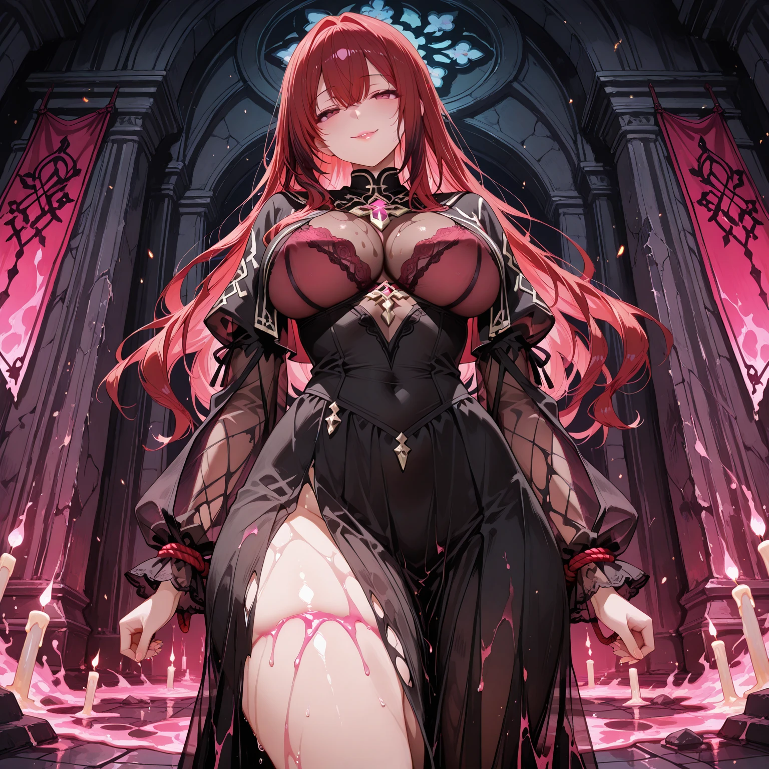 1girl,solo,purple hair color,long hair,dragon's horn, red eyes,red ta dress,Gorgeous necklace,super huge breasts,slender,condescending look,near,castle,in gorgeous room