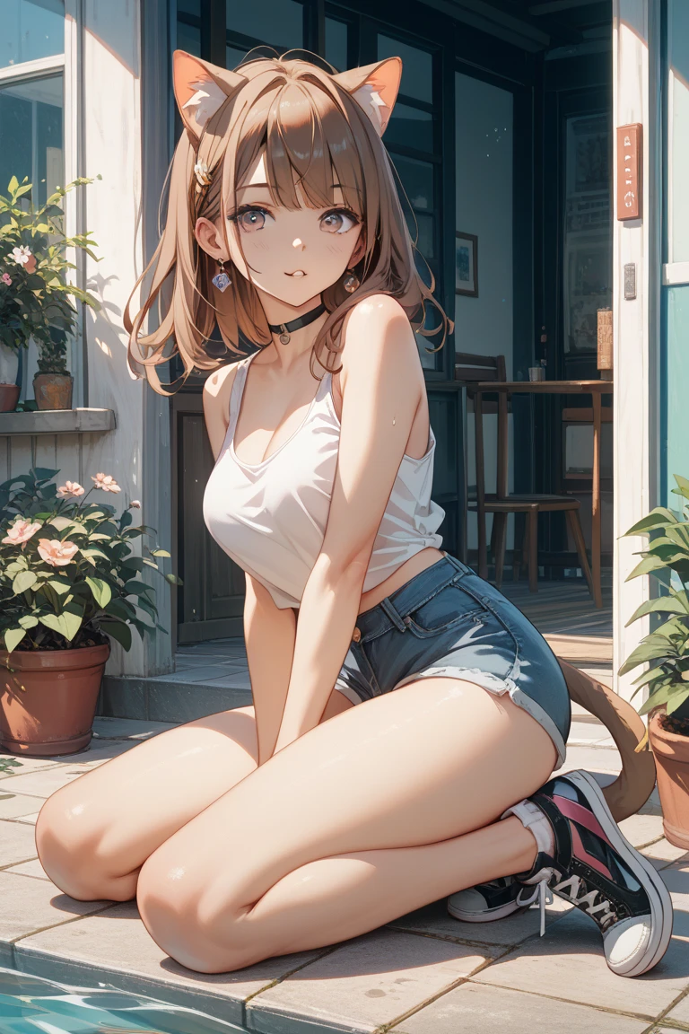 fullnude、(solo), piercing, girl strolling, cute bow, pubic hair, dog collar, On knees