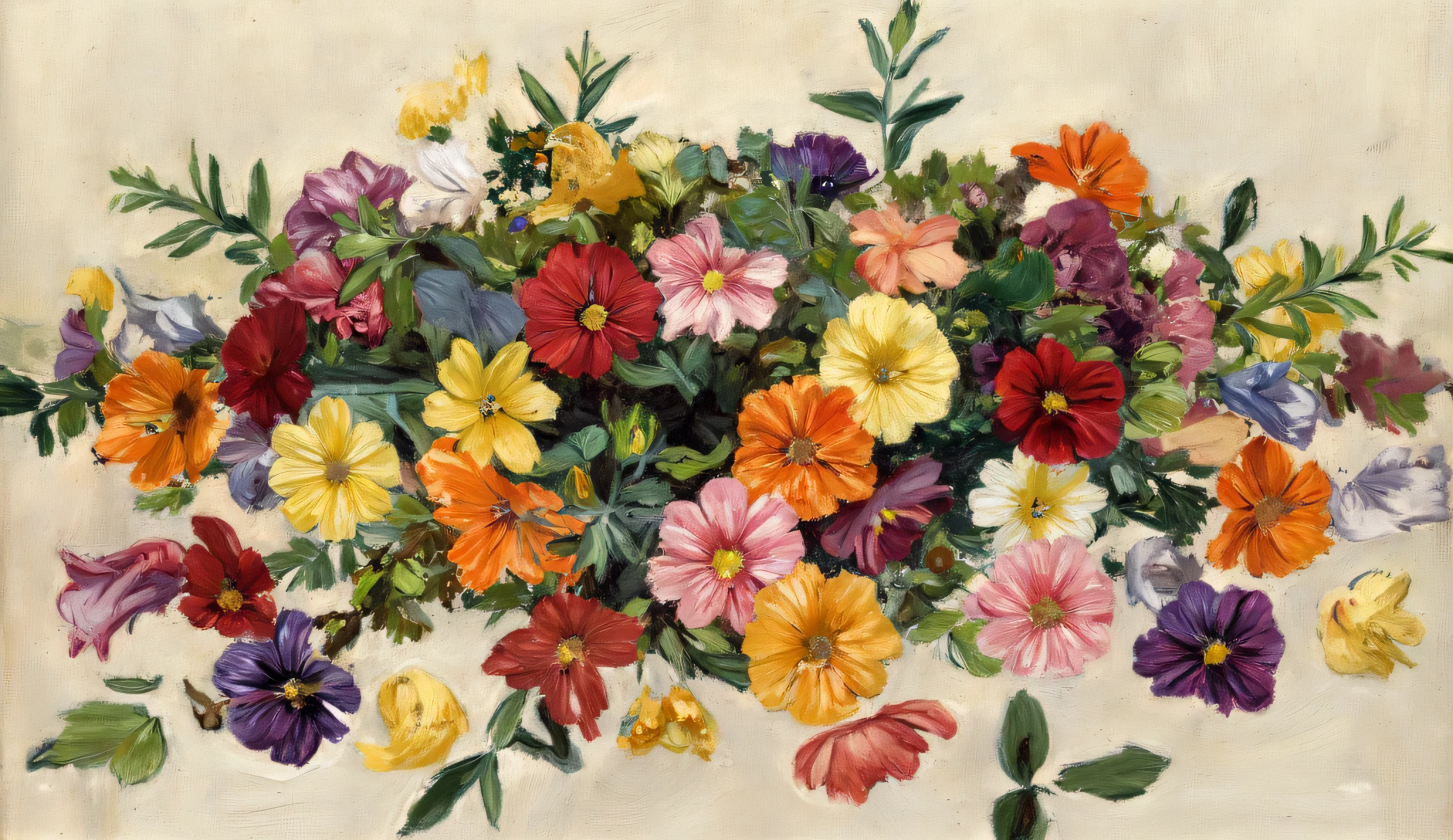 Flowers scattered on the ground, colorful flowers, flowers with saturated colors, multicolored flowers
