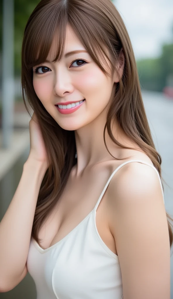 highest resolution, 4K, masterpiece: 1.3), japanese mature, sexy: 1.1, fine eyes, slender body shape, realistic teeth, double eyelid, whole body, highest quality, be familiar with, beauty, chocolate dress, The background is white and drip chocolate