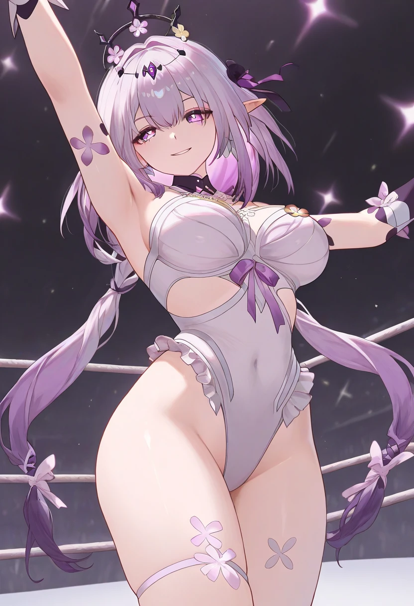 (absurdres, best high quality image, carefuly detailed features and textures, very detailed image, solo character alone, back character view): {{(1character: 900 years old elf noble mature beautiful milf), (dark brown short spiky hair with ahoge, fair skin, purple eyes, brown eyebrows, absolute feminine elder beauty, beautiful and sexy features, huge breasts, tall voluptuous body, beautiful arms, beautiful legs, short pointy ears, beautiful hips, giant butt), (Purple one-piece wrestler leotard, cleavage, purple arm sleeves, white elbow pads, white gloves, purple wrestler boots, white knee pads), (cheerful smile, cheerful face, cheerful expression, happy personality, toying and playful demeanor, confident pose, friendly), (She is doing: standing firmly and shacking her butt at the castle's gym in the wrestling ring)}}