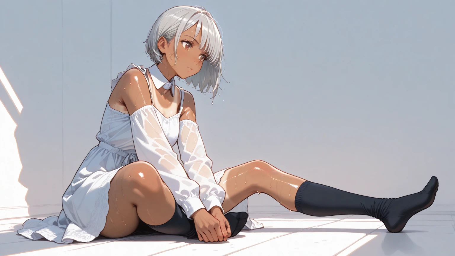 White-haired girl,Sit on the floor,Legs arched,Head on knees