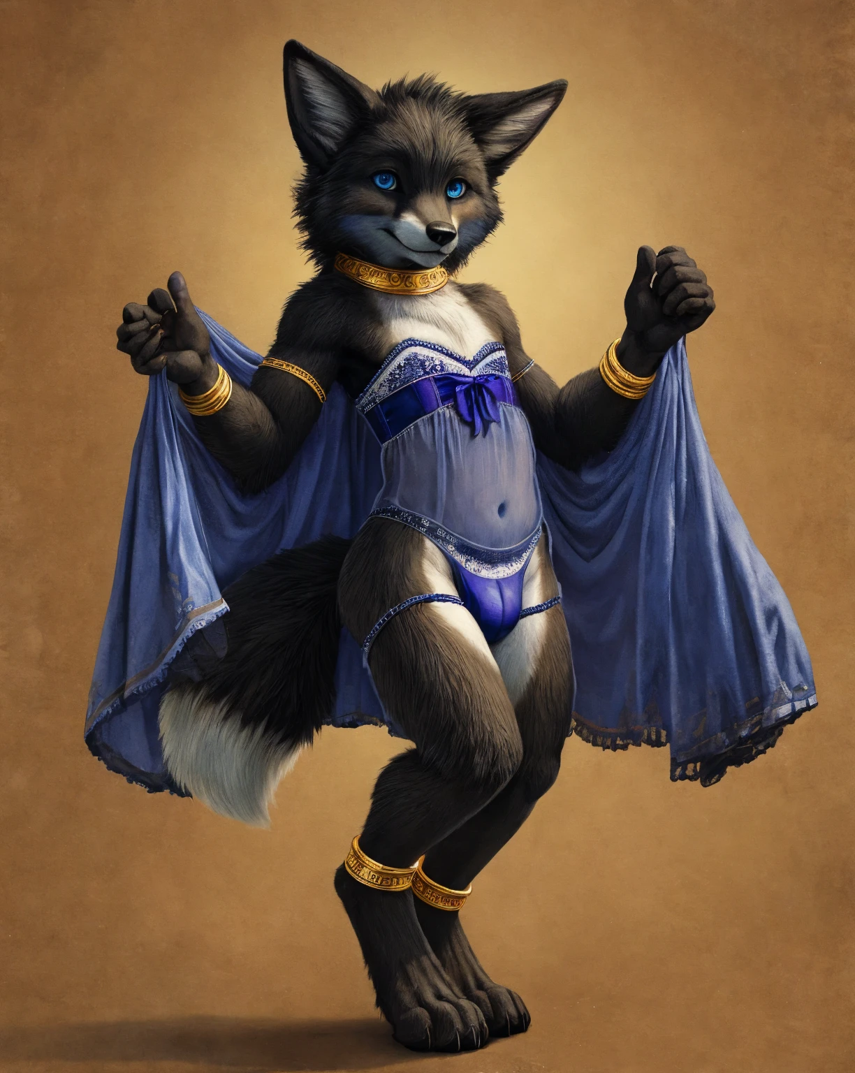 by reysi, by hioshiru, by zackary911, by darkgem, masterpiece, portrait, soft lighting , (fluffy fur:1.1), slim, male, puro, black fur, white mask, white eyes, black sclera , looking at viewer, detailed background, full body image, wearing clothes/lingerie, wearing white lace lingerie