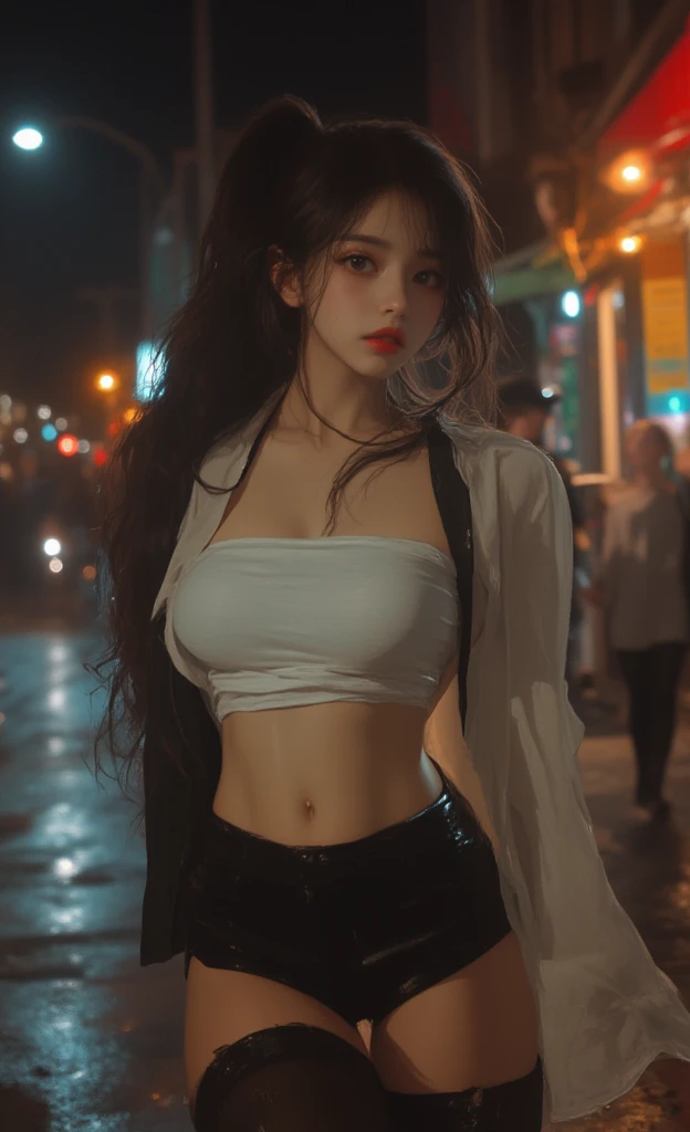 Dutch angle, best quality, masterpiece, high sensitivity, high resolution, detailed depiction, Slender Woman, very pale skin white skin  18, Black ponytail, black thigh highs, white crop top, Looking at viewer, picture looking down to her on the night street, Shining skin, is cute ( Seductive gestures:2 . 0)