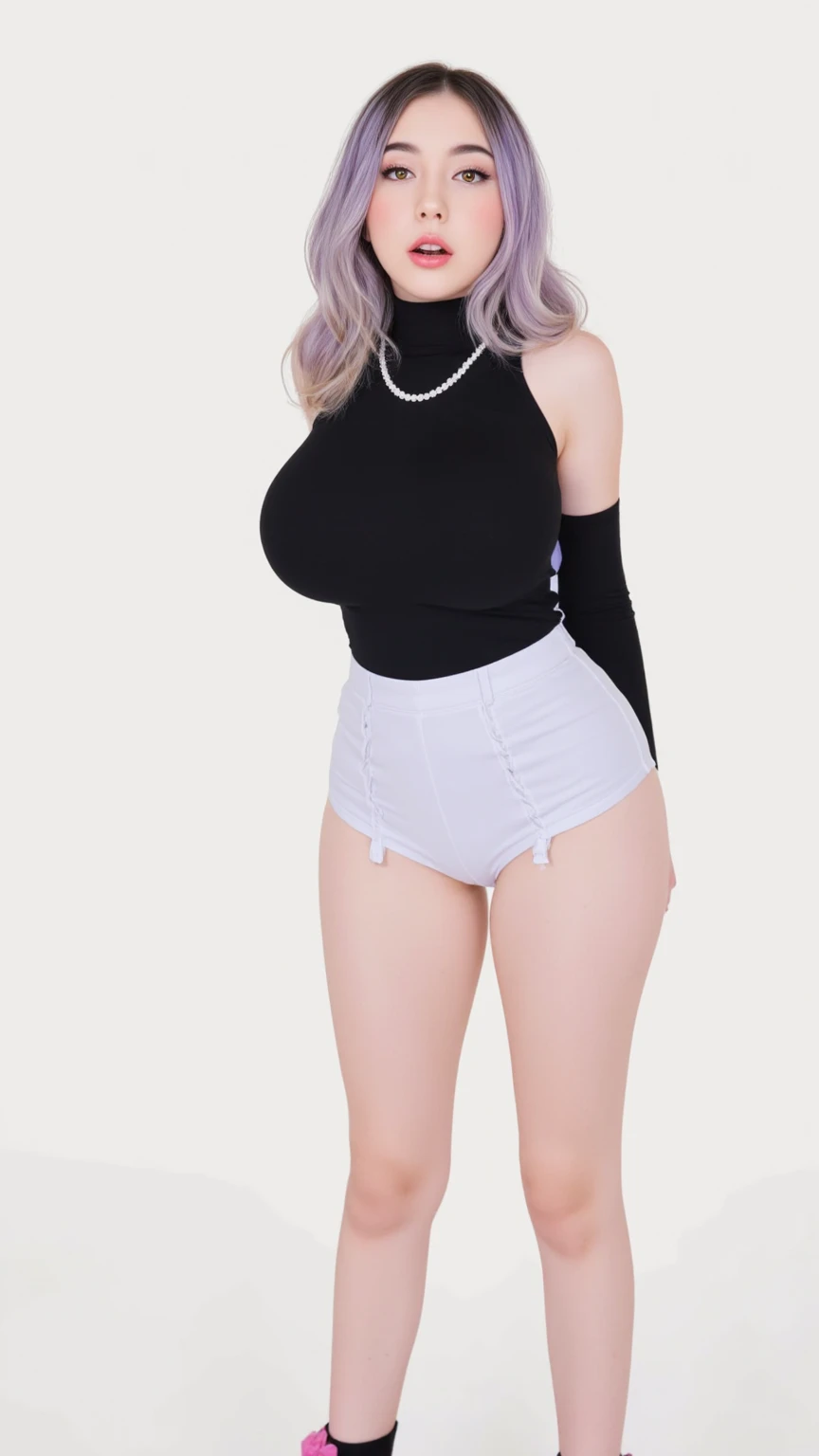 Sexy girl in tight school uniform, skirt() and big buttocks posing sensually from 1girl, Looking at viewer, Breasts,Lips, licking finger, High Resolution, Simple background, Multiple views , full body , hands on buttocks,Blush, Masterpiece, High Resolution, Best Quality, Ahoge, Earrings, Licking Lips, Expressionism, White Hair, Medium Hair, thick thighs, thigh high socks