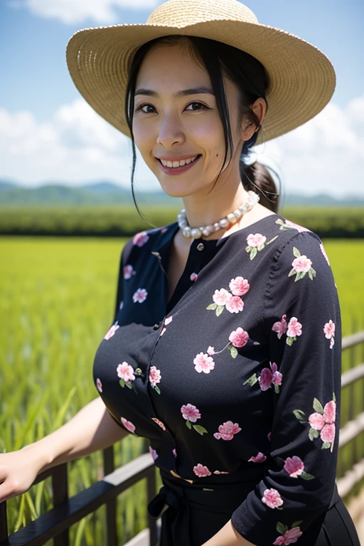 masterpiece,Highest quality,wonderful,(Mature Woman:1),(Mature Woman:1.3), (50歳のMature Woman.1.3)(((Very large breasts)))、(((Big big boobs)))、(((Big big cleavage)))、{Japanese countryside(Rice field footpath)}、Cute Smile、Well-tanned skin、Delicate and precise skin texture、(Plump figure)、disheveled brown hair、Japanese women、(Big Ass)、Thick thighs、Bright red lips、Thick upper arms、Wearing an old yukata with a sober color、