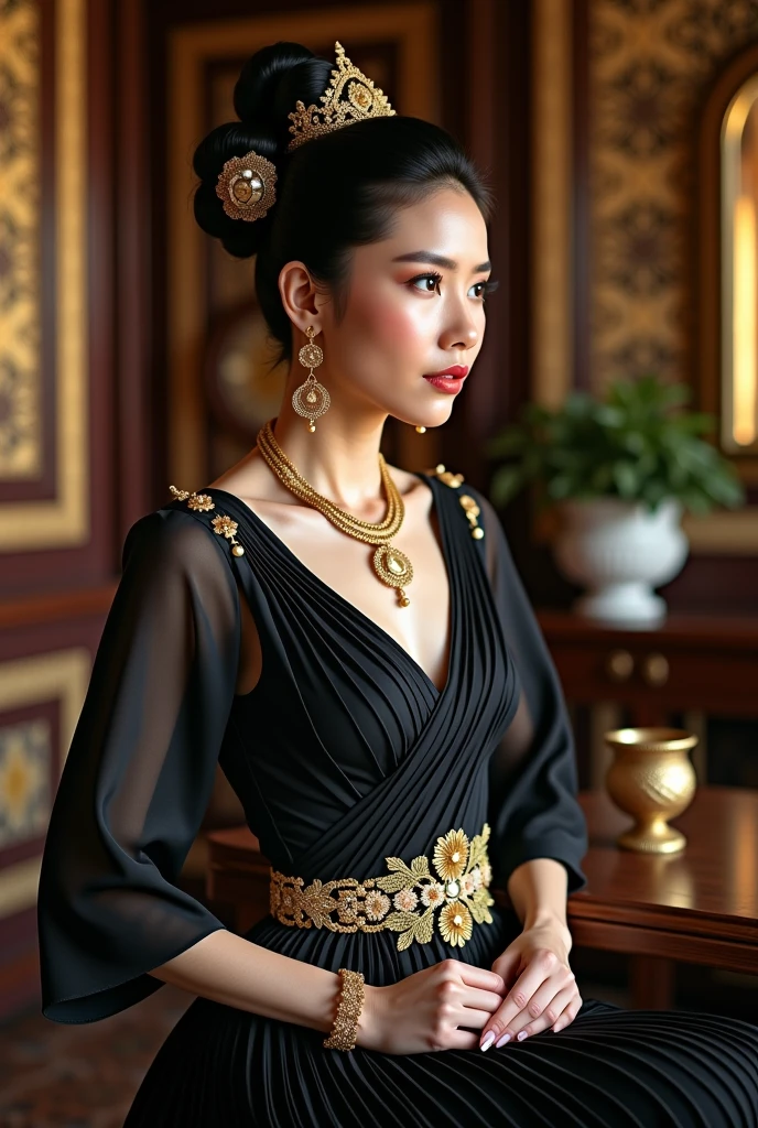 a young sexy hot woman,
Middle Eastern,
face with questioning look,
extravagant authentic indonesia dress,
exaggerated accessories