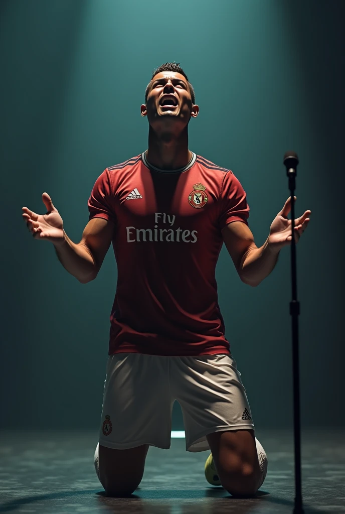 ((Best Quality)), Male soccer player in a red shirt singing the national anthem That only his face and half his body can be seen