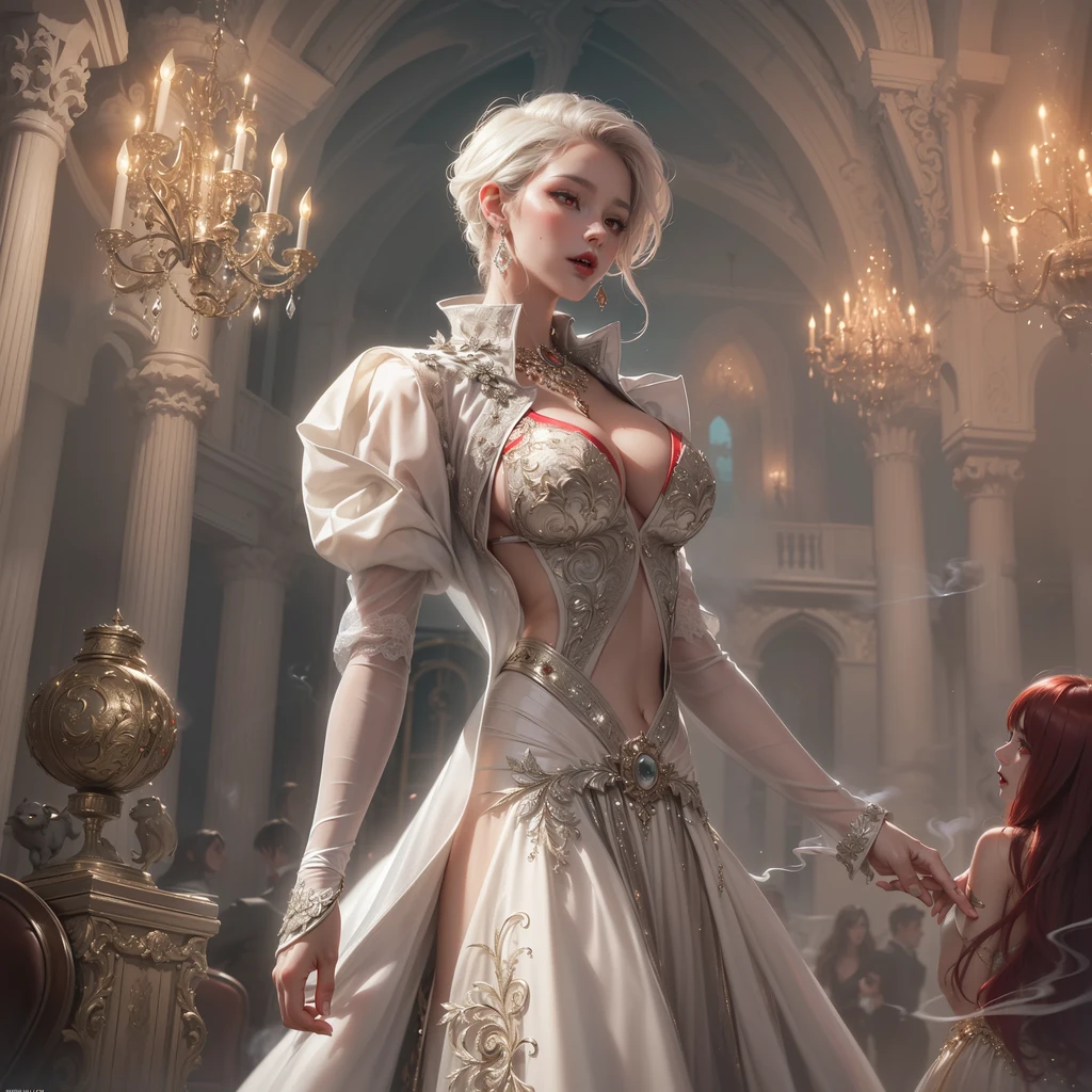 { - anatomy error} (Masterpiece - Ultra-detailed, very high resolution) Prepare to be enchanted by a true masterpiece that combines ultra-detailed art with high-resolution rendering. This work depicts a mesmerizing woman with very long redhead hair (1.3) and captivating gray-green eyes (1.2), emanating an aura of elegance and mystery in Victorian settings. The intricate details and realistic textures invite you to explore every aspect of this enchanting composition. Woman wearing beautiful classic Victorian costume from the year 1878. Red lips. Happy face. Smiling. white (white) dress. Walking, backwards, looking back, dynamic poses. Get ready to dive into a world where beauty and craftsmanship merge perfectly.