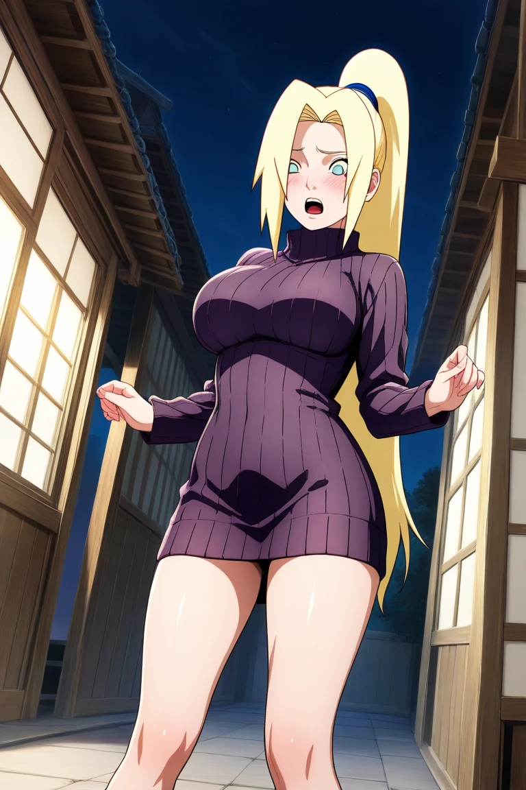 tsunade (naruto series), sexy woman, mature milf, big breasts, curvy, nude, nipples, pussy, shining skin, sweating, smile, standing, rooftop, city scenary, outdoors, night time, moon and stars