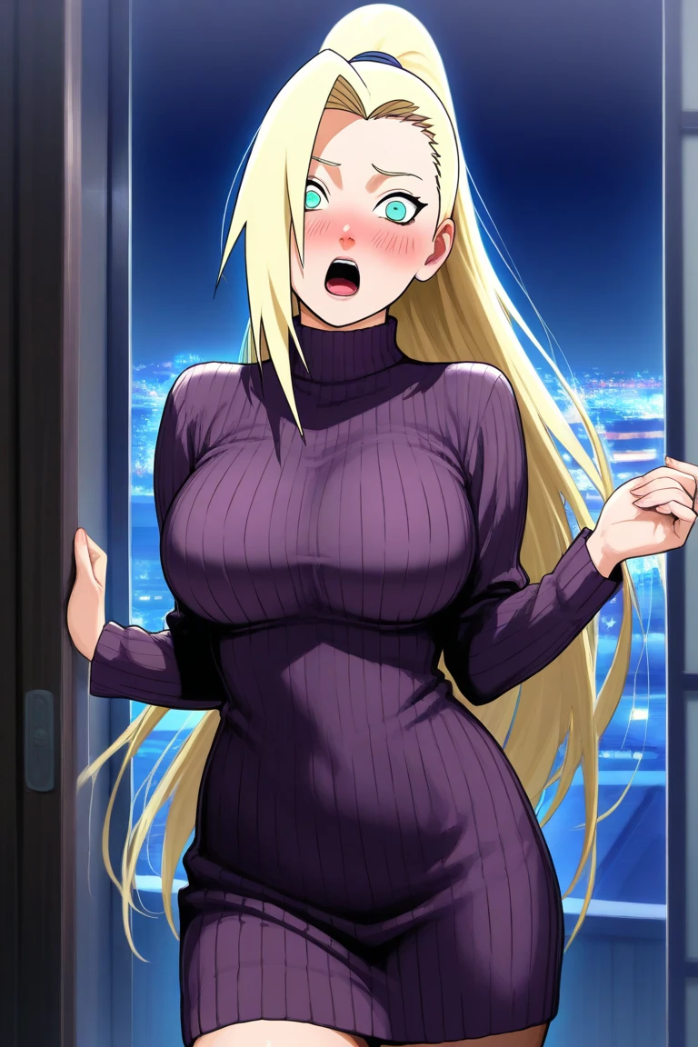a voluptuous sexy busty mother stands who is insanely and extremely sexy cute pretty voluptuous beautiful pretty curvy busty hot sexy with extremely shiny glass SNOW FAIR WHITE LUSH SILKY smooth lush plump glass glowing skin and perfect round cleavage and her INSANE tight perfect hourglass figure, her wide soft hips, and her skinny lush soft plump arms and her thick sexy SNOW FAIR lush legs and thighs, her big soft plump perfect round thick ass with her bright SNOW FAIR LUSH plumpy round bare cleavage and her glowing shoulders exposed while she's wearing her shiny YELLOW high heels along with her with her shiny GOLD long YELLOW BLONDE hair untagled and open hiding one of her eyes along with a red ribbon and small stars and a small jewelry hanging on her hair with a with a golden jewellery on her smooth lush snow fair clean tender soft smooth neck and gold bangles on her wrist and gold anklets with small bells on her two feet and gold earrings on her lush fair white fair pinkish ears with her extremely insanely god tier cute irresistible smile kind gentle look on her extremely cute pretty face with her big shiny bright brown eyes and her shiny black eye lashes and her two bright pink blushes and her bright pink puffy lips on her face and her pink shiny nails, looking at the man. The woman has no wrinkles, no tattoos, no signs of anything that's not unattractive but just raw god's given absolute irresistible otherwordly god-tier beauty possessing the most irresistible charm and beauty in all of mankind's history and future as she's the peak and epitome of a woman's elegance and feminity and her insane, impossible, and unimaginable levels of beauty the woman has, the woman stands straight in an alluring sexy feminine pose as she's wearing a long sexy revealing tight long brown colored dress revealing thread with an off-the-shoulder white sweater over it. SHOW FULL BODY, SEDUCTIVE TEMTPING INTOXICATING BLUSHING EXPRESSION, flowers on hair, standing