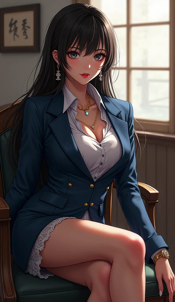 NSFW, LWRD, In a dimly lit office, Governor Rottenmeier, a stunning 35-year-old femme fatale, sits confidently at her table, exuding an aura of mystery and menace. Her athletic physique is showcased by the tight black coat and mini skirt, while her perfectly beautiful body glows under the soft light. A sly smile plays on her lips as she brandishes a sharp, lustrous black karambit knife, its edge glinting menacingly in the faint glow. Her short black hair frames her detailed face, with intense blue eyes and arched eyebrows that seem to pierce through the darkness. The air is thick with a sense of foreboding as she gazes seductively at him with lewd eyes that hide a murderous intent, her dark red lipstick glistening like a siren's call., masterpiece, incredibly absurd resolution, absolutely resolution, ultra high resolution, Mature Female, MILF, professional, vivid colors, athletic physique, perfect anatomy, ideal facial features, ideally proportioned figure, perfectly beautiful body,