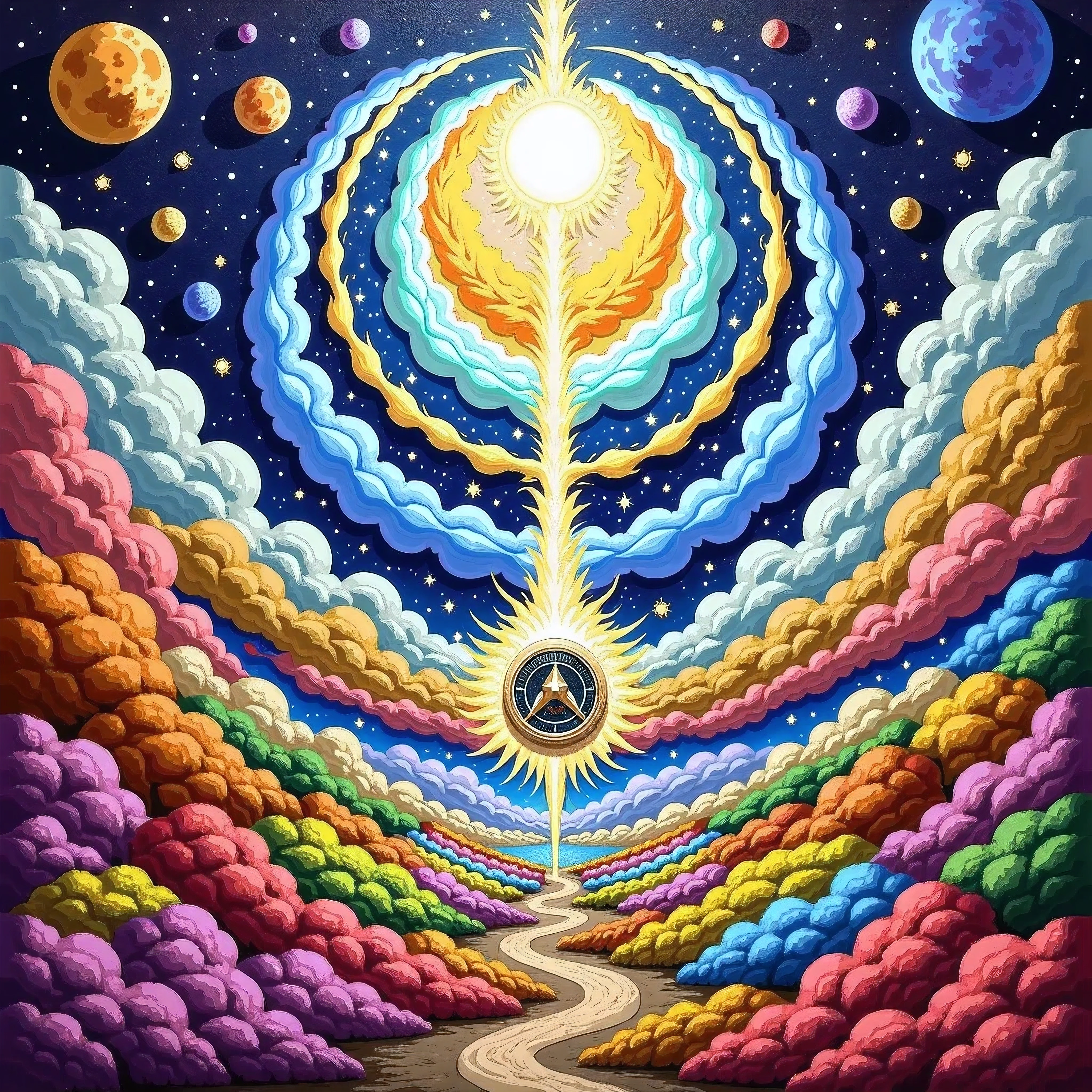 "Create a breathtaking and imaginative 5D abstract oil painting. The scene should feature swirling, ethereal clouds that are interwoven with vibrant and diverse life forms, both large and small, creating a sense of interconnectedness. A central element is a high-valuation frequency meter, designed in a style reminiscent of Kepler's astronomical instruments, traveling through this cloudscape. This meter should appear as both a scientific instrument and a source of energy, radiating light and influencing the surrounding environment. The overall aesthetic should evoke a sense of wonder and exploration, blending elements of science fiction, fantasy, and abstract expressionism. The color palette should be rich and varied, with both vibrant and subtle tones, creating a sense of depth and dimension. The artwork should be rendered in ultra-high resolution, capturing intricate details and textures, suitable for large-scale prints or high-definition displays. The style should be reminiscent of a 5D oil painting, with flowing lines, dynamic movement, and a sense of depth that transcends traditional 3D space."
