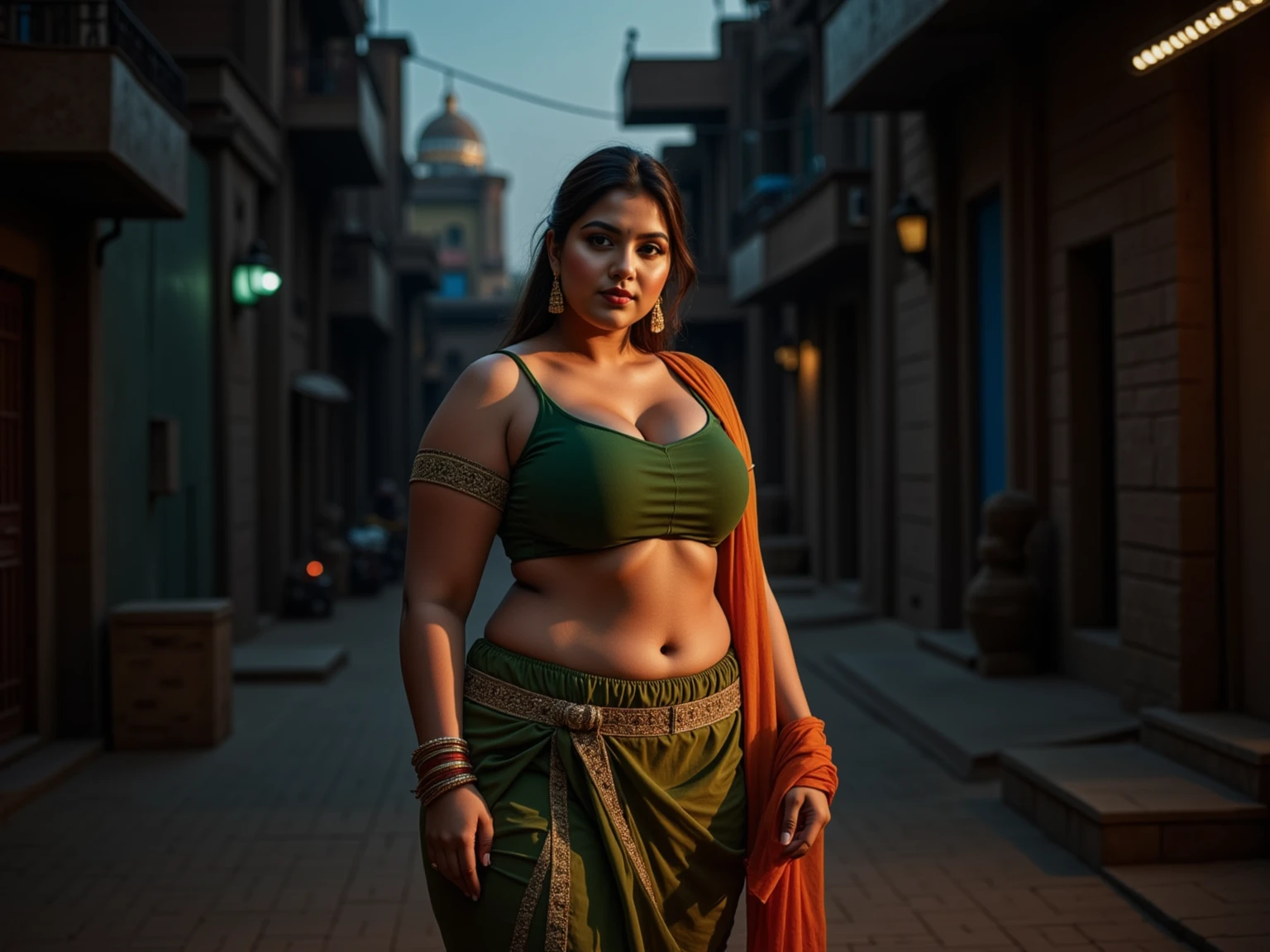 a chubby indian police woman with swooping big breasts, wearing a small tight sari, standing in front of a crime scene, (best quality,4k,8k,highres,masterpiece:1.2),ultra-detailed,(realistic,photorealistic,photo-realistic:1.37),extremely detailed face and eyes,beautiful detailed lips,longeyelashes,intricate details,cinematic lighting,dramatic shadows,vibrant colors,photorealistic,cinematic composition,establishing shot
