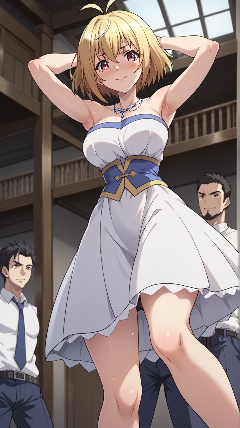 woman, very dark purple hair, purple eyes, long hair, large breasts, (very long toga:1.5), roman architecture, throne, (outdoors:1.5), Mediterranean architecture, classical architecture, throne, (wetting herself:1.5), best quality, ultra-detailed, HDR, studio lighting, bright lighting, outdoors professional, vivid colors, sharp focus, bokeh, soft lighting, dynamic shadows, (embarrassed:1.5), (humiliation:1.5), (blushing:1.5), (angry:1.25), (tears:1.5), facing viewer, (hands on hips:1.5), crowd