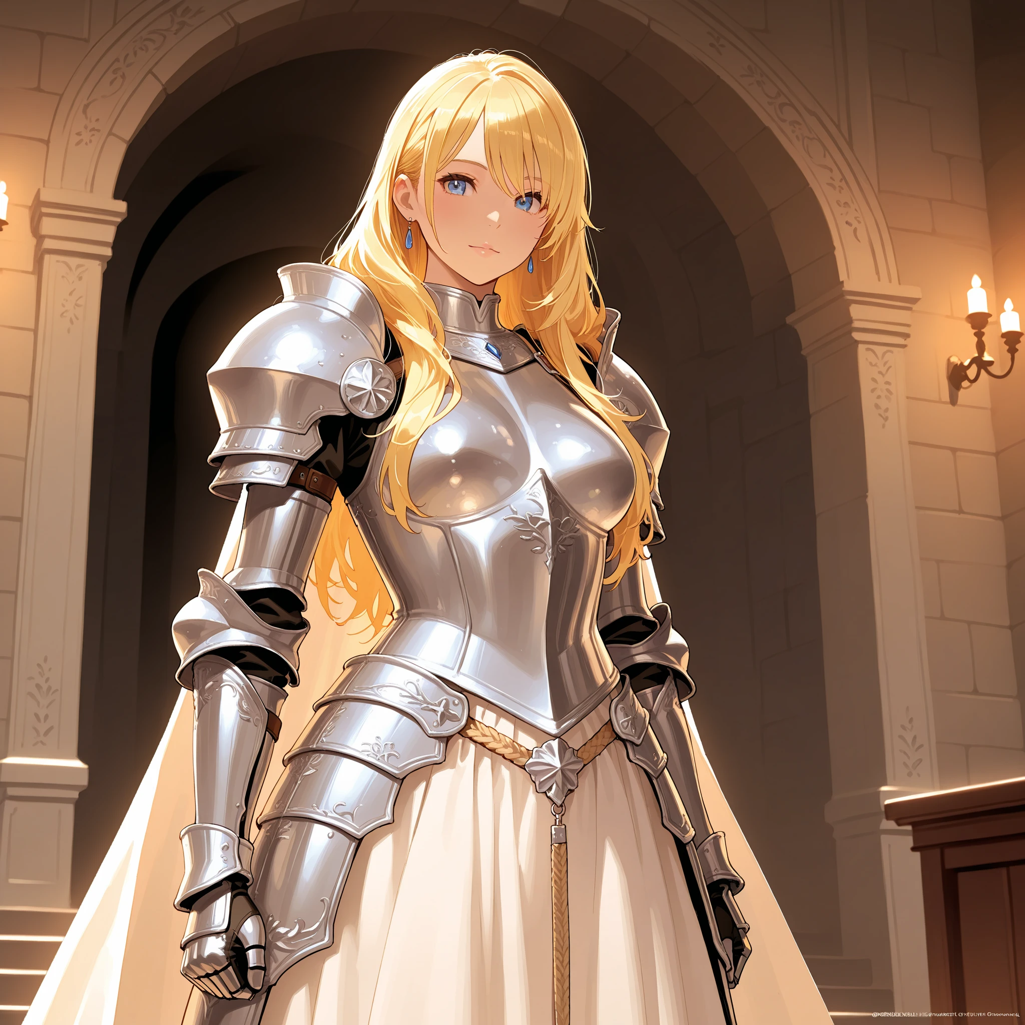 anime style, highest quality, woman, 40 years, in a tight knight&#39;s outfit, dark blue boxing gloves, stands alone in a boxing ring in the basement of a tavern, playfully raised her gloves to face level, throws the blow in front of him smiling arrogantly, arrogant look at the viewer, fantasy