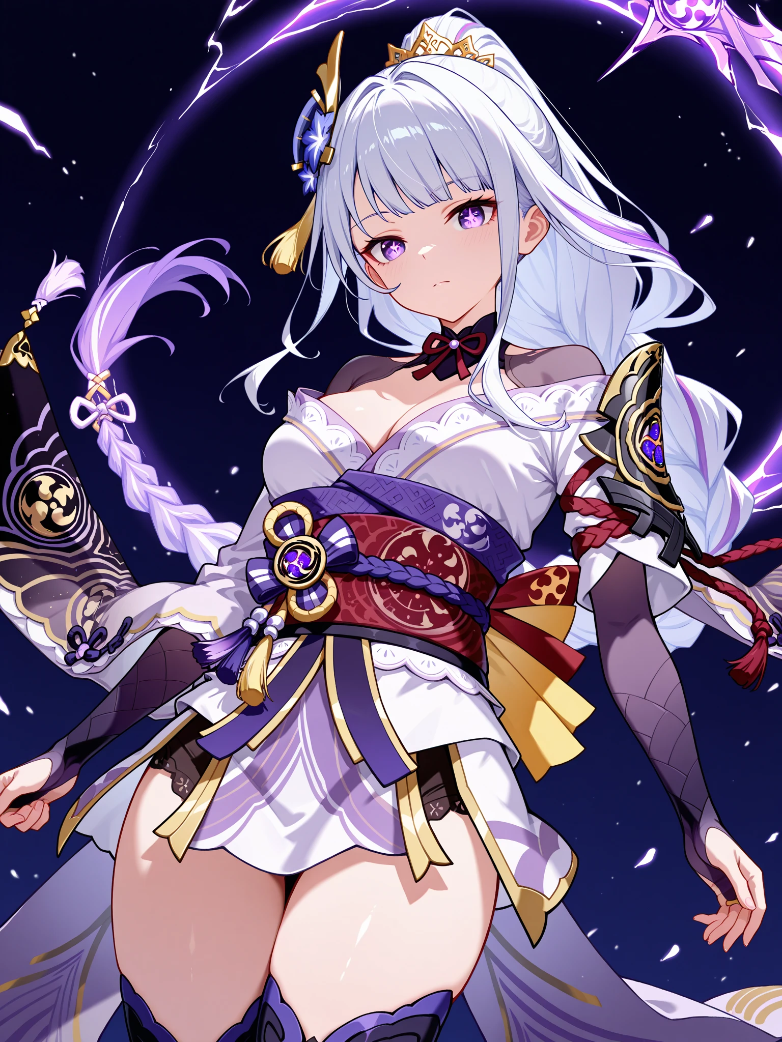 masterpiece, best quality, 1 girl, white hair cascading down her back, long white hair adorned with delicate silver ornaments, deep purple eyes with dragon-like pupils, normal chest accentuated by a white, elegant kimono, heavenly beauty glowing in the moonlight, pale skin to match her white attire, glossy lips adding a touch of mystery, wearing a luxurious kimono adorned with silver details, stylized body exuding sensuality and power, serious and imposing expression, short white kimono revealing her bare shoulders, kimono sleeves flowing long and graceful, standing in a heavenly place bathed in moonlight, calm and