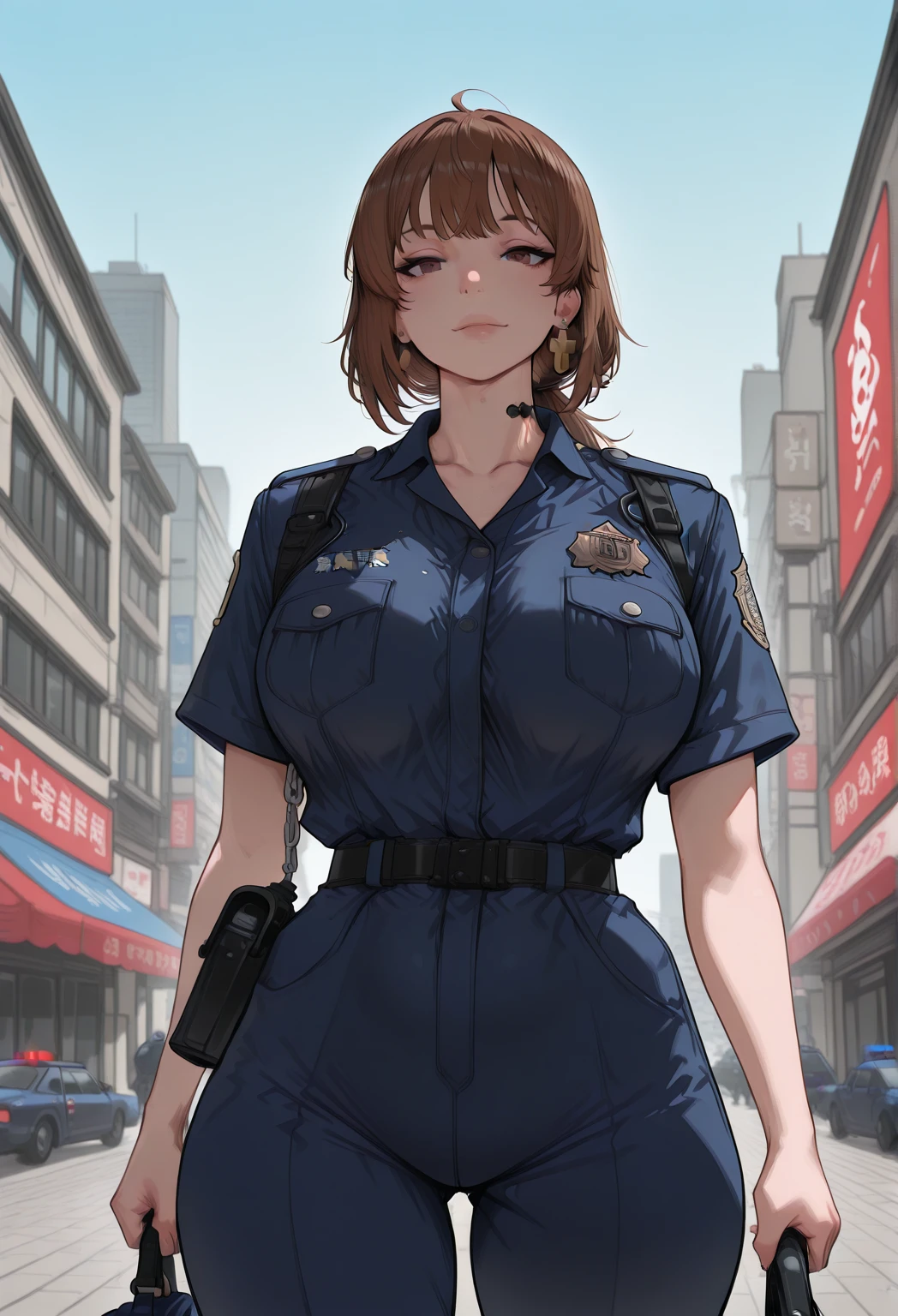 (top-quality,4K,8K,alto,Master Parts:1.2),ultra-detailliert,(Realistic,Photorealista,Photorealsitic:1.37),barbara gordon, 19-year-old young woman l, Beautiful red hair, Wearing a police uniform,Piercing Brown Eyes, Supreme Beauty, Gotham City Setting, Strong and confident posture, Determined expression,Vivid colors,foco nítido,Detailed painting,Professional Lighting,Portrait Style, Dramatic Lighting,Bokeh