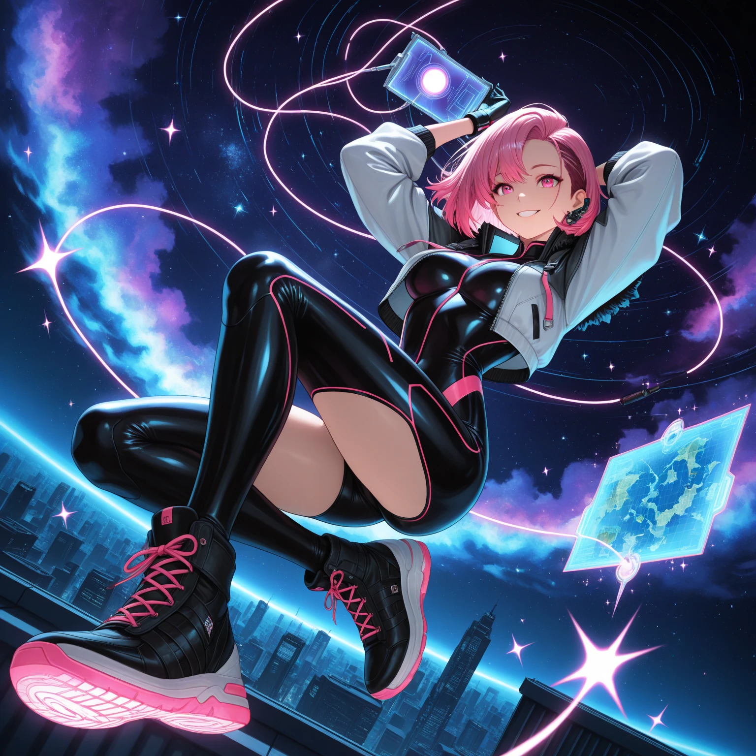 1 person、masterpiece、Highest quality、Beautiful woman、Green Eyes、Hollow Eyes、baby pink hair、Bangs covering one eye、Short Bob Hair、Dark blue skirt、Futuristic clothing、Black hoodie、Headphones、Long black socks、neon、anime