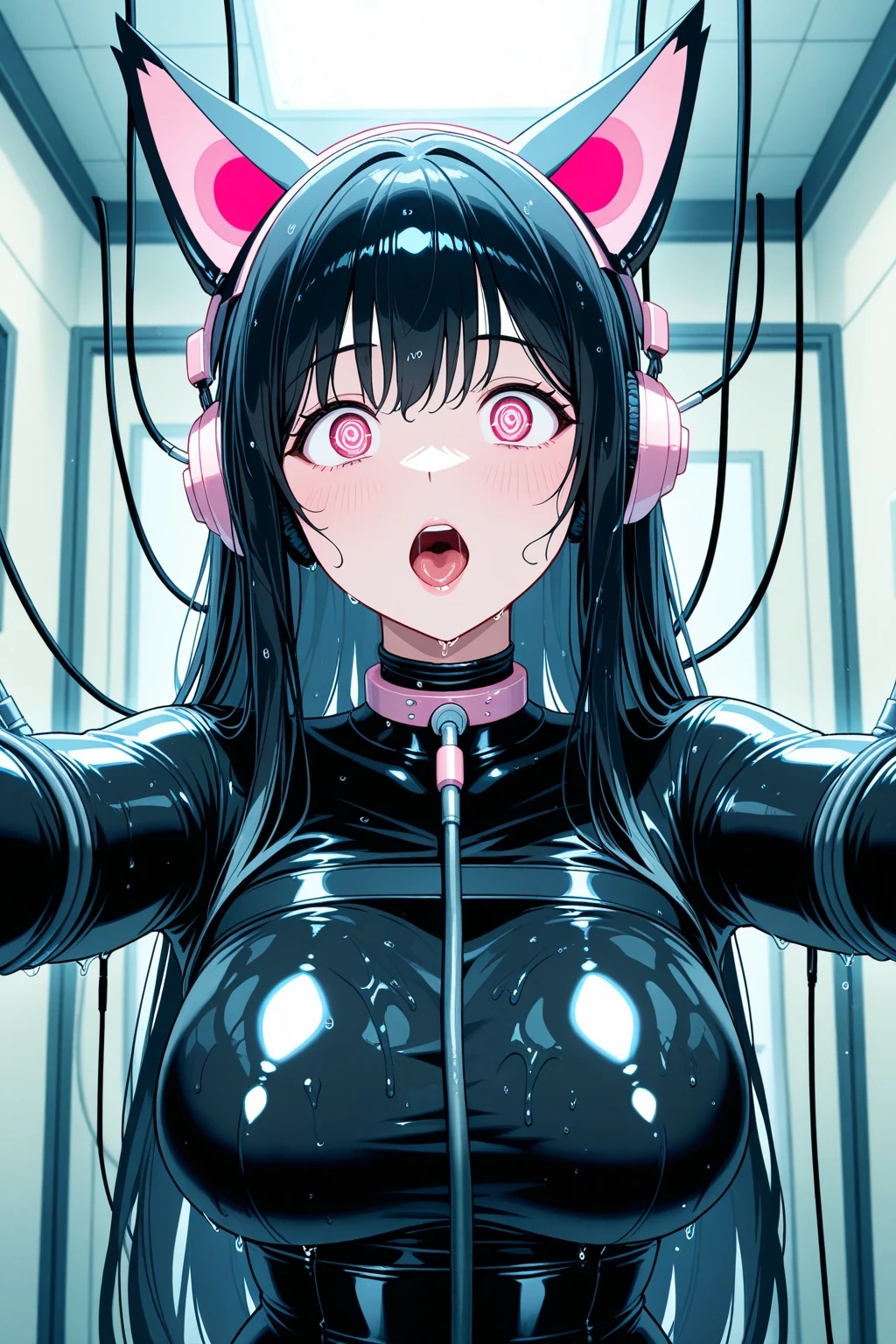 nsfw:1.5,Anime cyborg girl sitting in a pilot seat wearing a virtual reality headset covering her eyes on her face with machinery and tubes and wires going inside her head and brain, (Highest quality,High resolution:1.2), Very detailed, (Realistic:1.3), cyber punk, Futuristic, Portraiture, Shiny, skimpy latex outfit, cyber implants, virtual reality, (Drooling face:1.5), A cable plugged into the brain, Shirt collar, bow tie, Formal attire, Laughing with your mouth open:1.2, In-person audience, The girl is vibrating, glowing virtual reality headset, Relaxed facial expression, blush, Cyber Future Formal Wear, cyber punk, Futuristic, Brain drain, cyber implants, virtual reality, Drooling face, virtual reality headset covering eyes,  , Large collar, High collar, Laughing with your mouth open, joyd face expression, Skin-tight clothing, big Shirt collar, big bow tie, The biggest breasts in the world, Light-emitting cables connected to the brain, head antenna, Oversized headphones, The breasts are vibrating, Open mouth and drooling, Expressionless, Red face, cyborg, Android, Mechanical creatures, Machine fuselage, Futuristic cyber punk cyborg body, slim Futuristic Android, Lights shining on the girl&#39;s body, Power Cell, The head emits a pink light., formal Shirt collar, big formal bow tie, , Shiny nipples, big Shirt collar, High collar, white collar, Electric shock, Electric shock死する女の子, electricity, electricity sparks, Pink Hair, short hair, neon Pink Hair, Physical transformation, orgasm, joy, (VR headset covering your eyes), Vibrating Chest, Vibrating Girl, Severe vibration, Shiny nipples, Light bulb nipple, Girl wearing a large VR headset, Glowing Eyes, Hollow Eyes, Concentrated expression, Buttoned up white dress shirt, Large collarのフォーマルシャツ、((Erect nipples:1.2))、Sitting in an iron chair、(whole body:1.5)