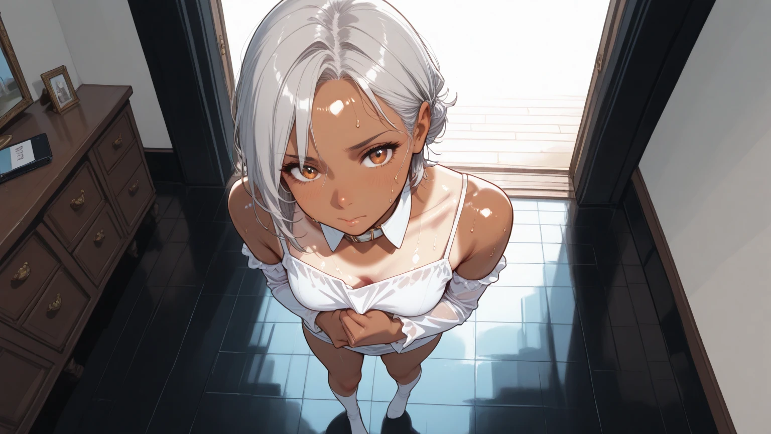 (anime style),masterpiece, best quality, extremely detailed,16Years old,tanned skin,dark skin, Beautiful body,tiny body,glass on breasts press,BREAK,multicolored colorful white hair,shaggy hair,very short hair,BREAK,black eyes,black choker,shy smile,open mouth,half closed eye,detailed lips,BREAK,BREAK,bruma with vertical stripes,oversized bruma,rhythmic gymnastics uniform,break,head tilt,in school sports warehouse,sitting back,Balance beam,