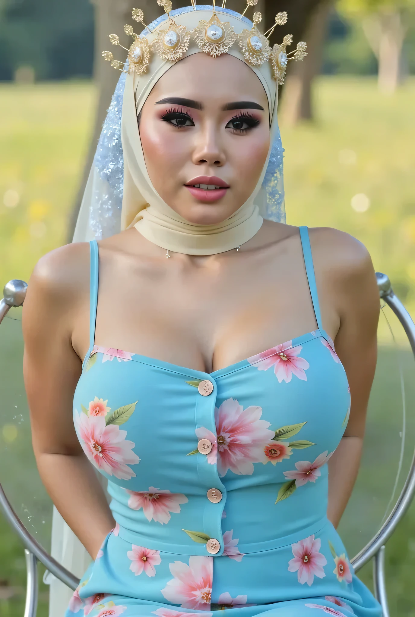 BIMBO LIPS, front posing, " CLOSING MOUTH FACE EXPRESSIONS ", Both hands are lying behind the back, Wearing flora print hijab, (photorealistic:1.6) ((Indonesian hijab)), background rice paddy. daytime atmosphere, (((please don't showing any finger!!!))), ((sitting on a glass chair)), hands behind back, Look from the front you are !, wearing tembus pandang Fully bright neon light blue flora print 'unbuttoned' plain LOOSE strapless dress. (blink pink eyeshadow & pink eyeliner) PLEASE DON'T PUT ANYTHING ROPE AT MY CLOTHES!!!. BOTH HANDS LYING BEHIND YOUR BACK , SILFOE PHOTO. BIMBO LIPS.