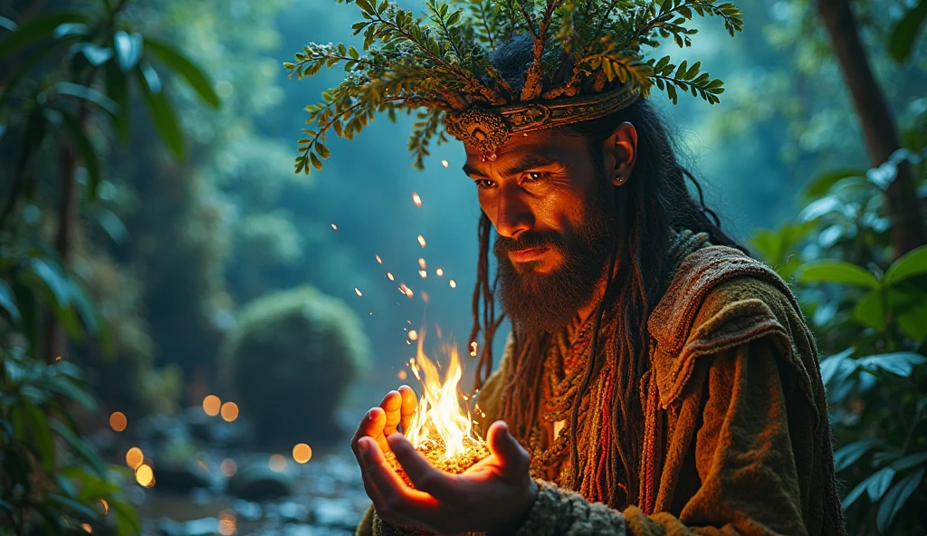 gypsy person, with a band on the forehead, long hair and red beard, dancing with your family at the bonfire