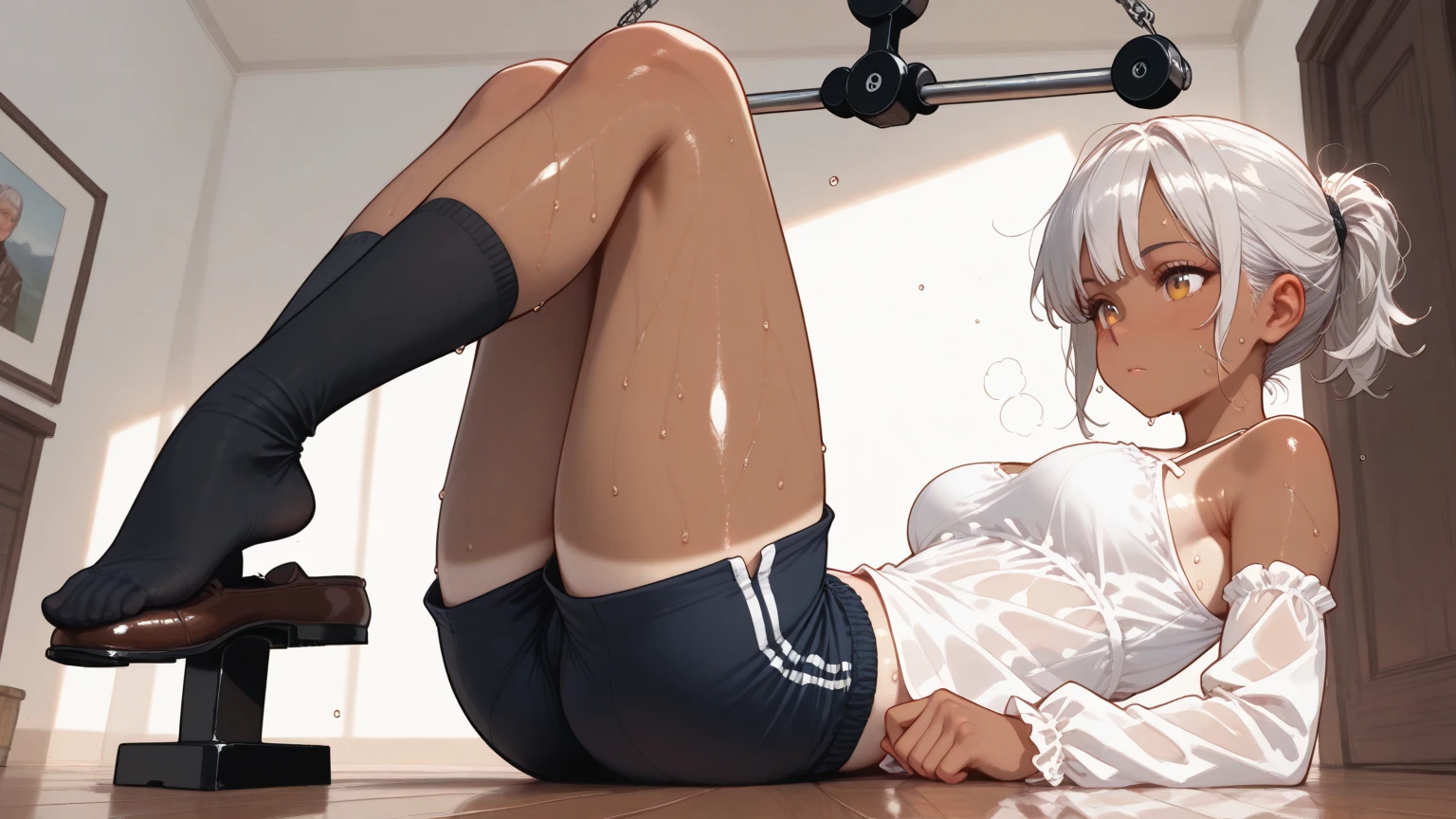 10 years old, gallant girl, (small breasts:1.3), slender, (thin legs:1.2), (gray long hair, blunt bangs:1.3), black eyes, (glasses), (white gym uniform, blue buruma, white socks:1.3), squatting, spread legs, changing room, (from below),
