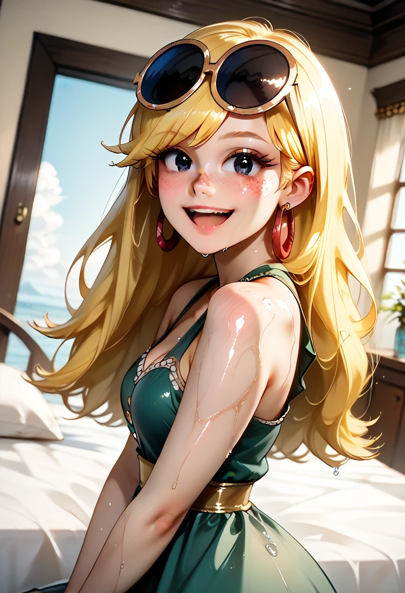 ...a girl with golden blonde hair, white skin, with freckles on her face, a snub nose and large emerald green eyes, curly hair, which she wears in two long pigtails tied with ribbons on each side of her head. She wears a bikini, playing on the beach, sunset.