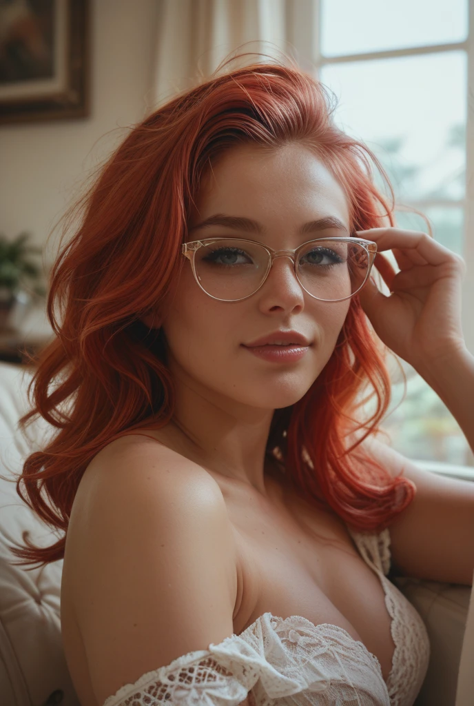 moody photo on Instagram, Photo of the lower body of a 32-year-old woman, from below, wearing a long oversized sweater, tantalizing nudity, dirty fiery red hair, Color Gradient, bright hair ends, tanned skin, happy, nice smile, beautiful hazel eyes, hard shadows, dark, night, overexposed filter, silhouette against a background of bright light in stockings with glasses