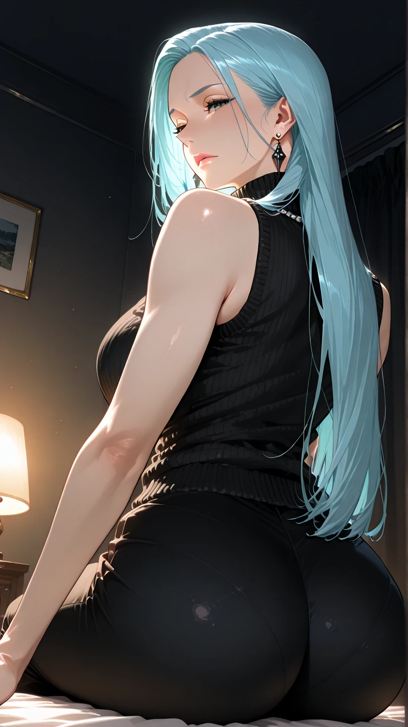(Alta qualidade) solo, (Melhor qualidade, 8k, UHD: 1.2) obra-prima, melhor qualidade, altamente detalhado, ultra-detalhado, um extremamente delicado e belo, obra-prima, 1girl, solo, kaguya, matural female, seios grandes, cabelo longo, chifres, sobrancelhas curtas brancas, (pale skinned: 1.3), olhando para o espectador, sexy, corpo inteiro, corpo perfeito, sexy Body, Black Room,pussy, expression sexy,room,on floor, dentro de casa, pussy details, skirt curta, side view,pussy,