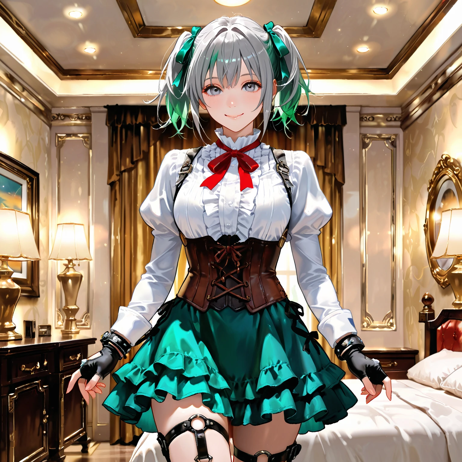 (masterpiece, best quality), 1girl, Pale green Upside Down French Braid Bun, Size DD breasts, <lora:0294 Bunny girl in plaid skirt_v1:0.8> ruanyi0294,rabbit ears,fishnet thighhighs,black gloves,plaid skirt,fishnets,hair ornament,elbow gloves,
