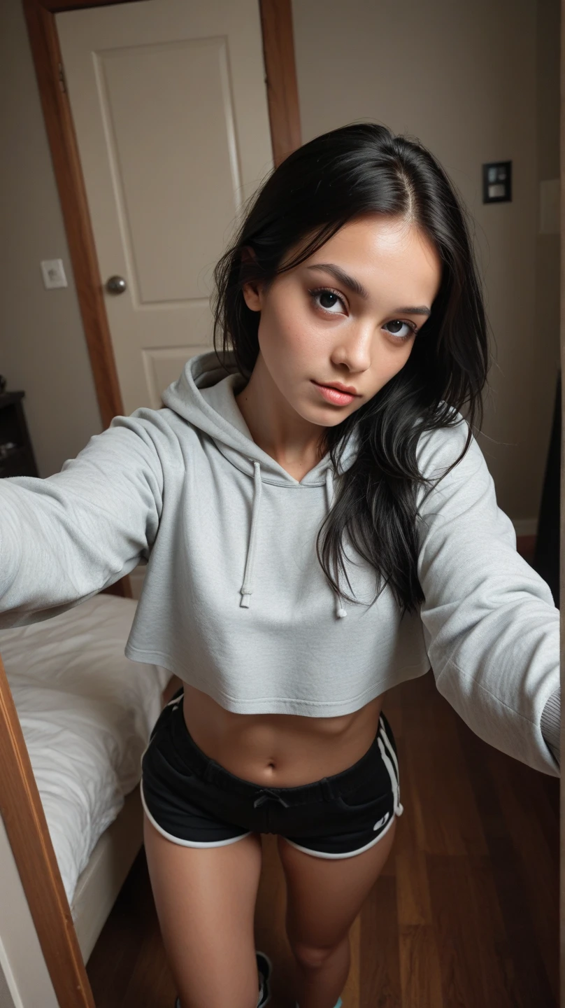 (((body selfie))), lying down in bed, gray tights, black tshirt, white bed