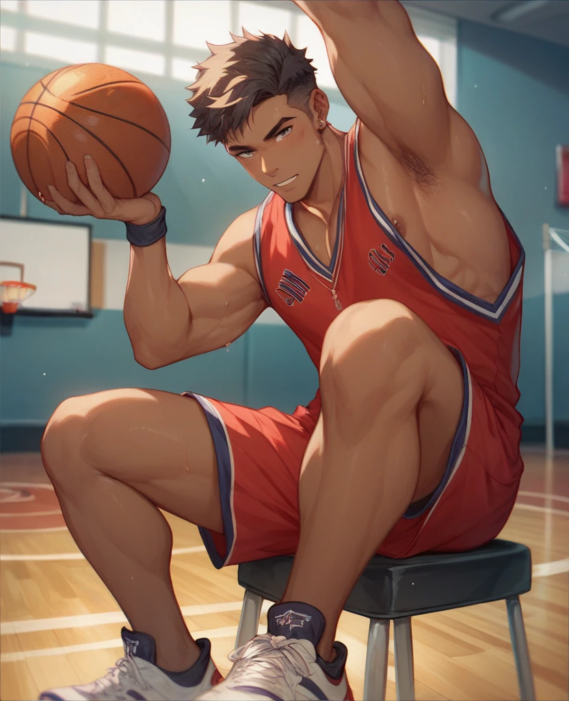 Male, Masculine, Hirsute, Red hair, European, flex, Pale skin, Sweat, basketball player, Hold a basketball, full bodyesbian, Barefoot, big feet, White socks, Playing basketball, Solo, 1 man, Jumps,wearing only his underwear, Naked, Topless