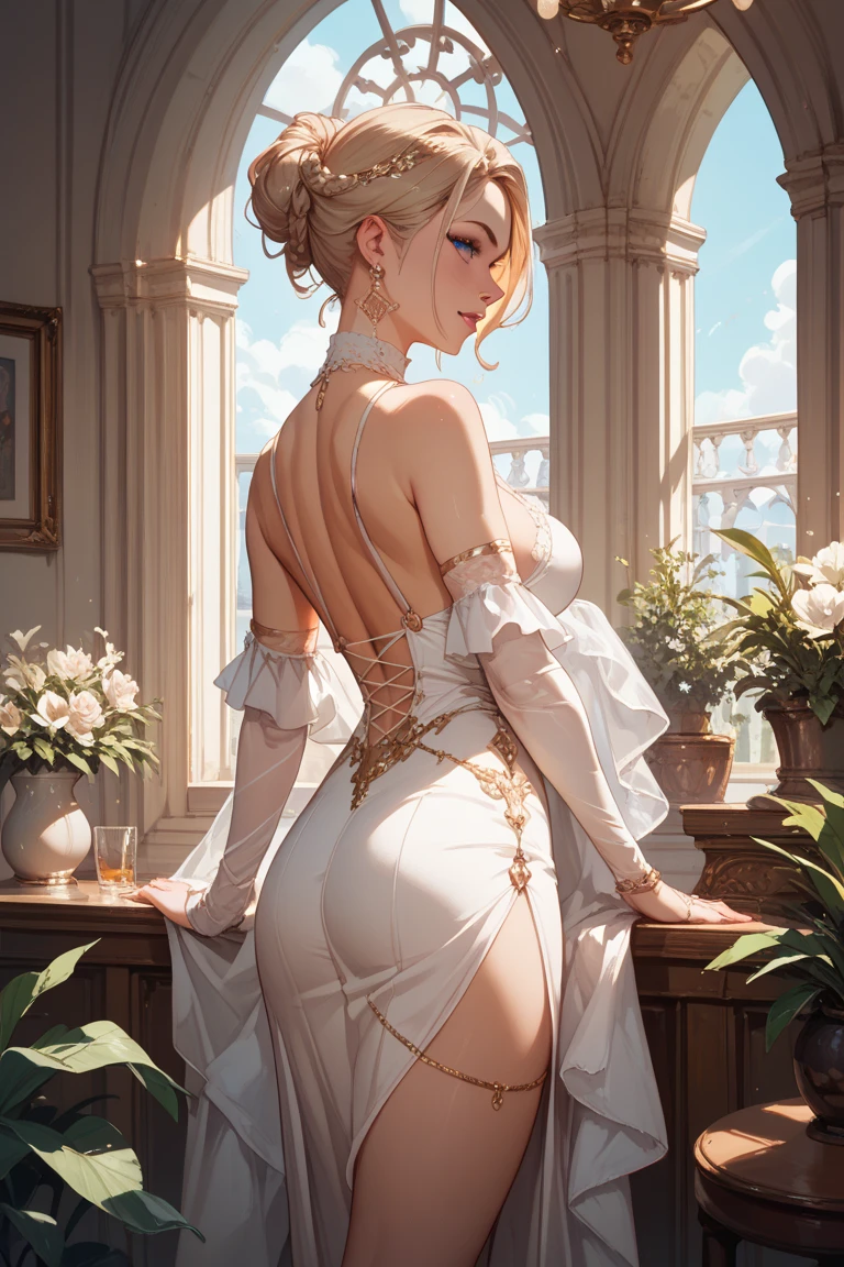 masterpiece:1.6, best quality:1.4, real picture:1.2, intricate details:1.2, 1lady, (solo:1.5), Appearance: milf:1.25, slender:1.2, green eyes, small breast, flat chest, sharp eyes, Clothing: ( white maxi slip-on dress:1.2), wide-brimmed hat, strappy sandals, drenched, wet, (see-through:1.2) Accessories: golden ring, hoop earrings, shell necklace, oversized sunglasses, Hair: long blonde hair, messy hair, hair bow, hair ornament, Makeup: masacra, natural, glowing skin, Location: outdoors, nature, Behavior: ass, from behind, back, ButtLift, pose, ass support, grabbing own ass,
