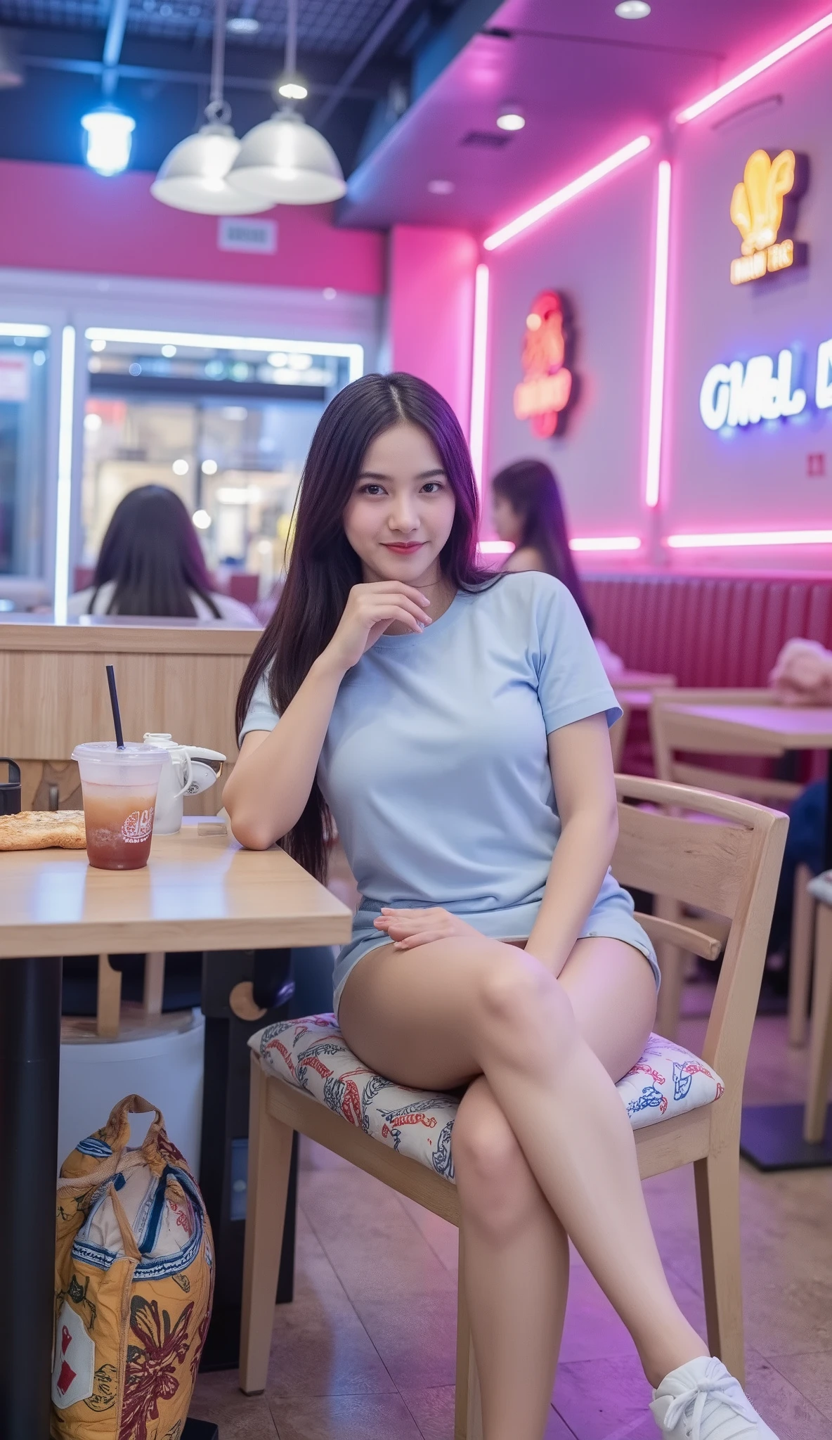 Realistic woman, beautiful face, , attractive shape, height 160cm. Looking at the ultra-high resolution 8K camera, sharp focus, very high detail, as realistic as a photo, natural light, soft skin. She sits in a popular pearl tea shop located in the heart of Siam Square. The shop is decorated with bright pink and blue neon lights installed along the walls and ceiling, creating a warm and modern atmosphere. The table is decorated with bright pink and blue neon lights installed along the walls and ceiling. And the light wood chairs, neatly lined with graphic cushions, add cuteness. The light blue short-sleeved crop top goes perfectly with the shorts lacking in detail, adding coolness to the style. Clean white sneakers are paired with a graphic patterned fabric bag located next to the foot. Tea, pearl milk and fragrant toast are laid on top. Table. Customer r mixed with the sound of pop music, fun rhythms that gently open, make the atmosphere full of brightness and conviviality. Ideal for chilling with friends on vacation or relaxing after school or work.
