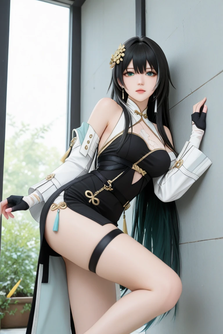 1girl, solo, long hair, breasts, looking at viewer, black hair, hair ornament, gloves, dress, cleavage, white hair, multicolored hair, black gloves, fingerless gloves, streaked hair, grey eyes, cosplay, kneeling, thigh strap