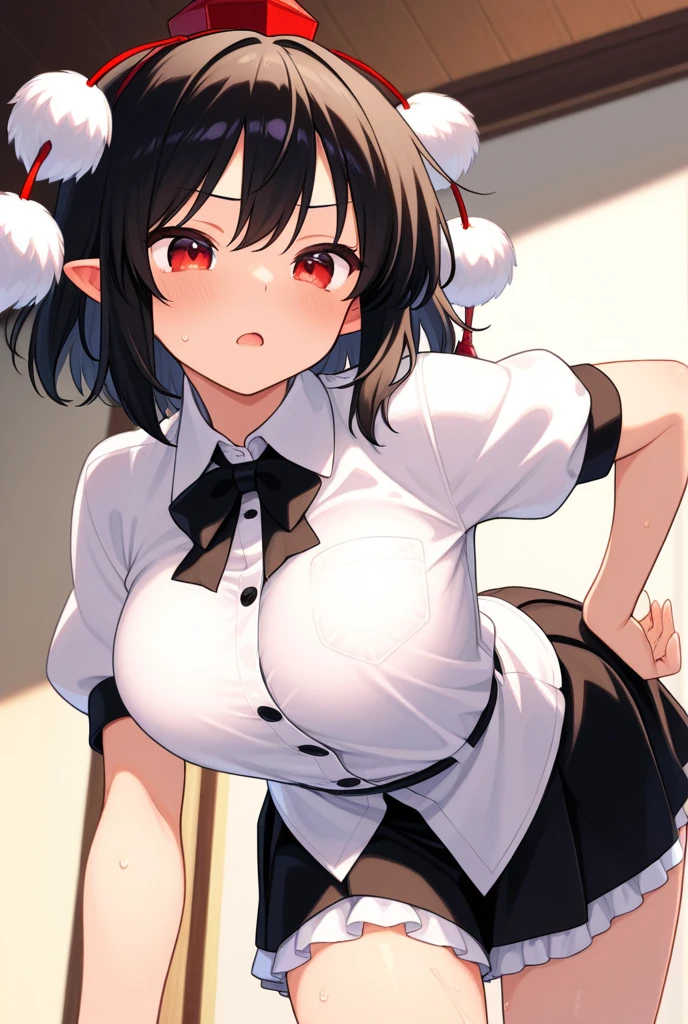 High resolution, Very detailed, perfect lighting, beautiful detailed eyes, ((masterpiece,Best Quality)), absurdities, alone, princess zelda, by the width, crown braid, Hair clip, pointy ears, Gloves without fingers, black gloves, smile, curves, nod, , deep neckline, deep neckline, white school uniform with white details,short white skirt, visible underwear, black Thong, white uniform, white shirt with a pink bow, touching her breasts in a sexy way, close up, Black hair, visible breasts, Close up, visible nipples, fringe hairstyle, fringe hairstyle, touching her breasts in a sexy way, teal eyes, Close up, fringe hairstyle