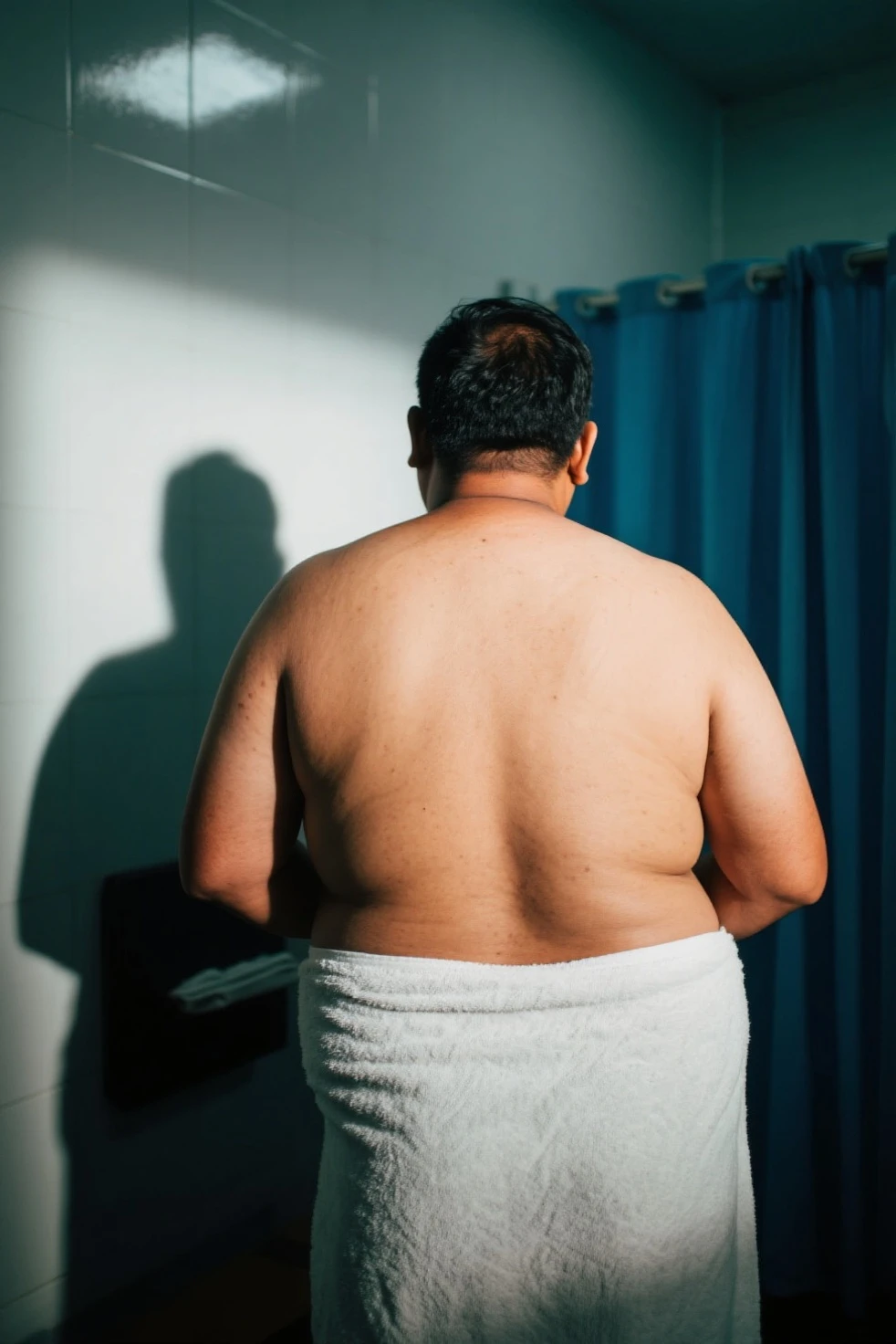 Fat shirtless Brazilian man in front of mirror with sad appearance in a room Daytime lighting, sombras detalhadas, HDR, Fotoreal, arte digital, bem iluminado