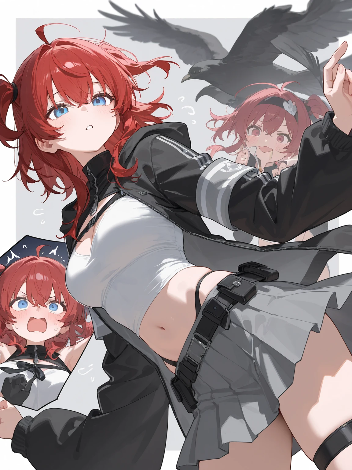 1girl, curly red pixie cut hair, green eyes, wearing crop top black shirt, red plaid skirt, (black knee high boots), thigh high socks, black fingerless gloves, jacket, exposed shoulders, thick thighs, cleavage, large breasts, freckles, abs, masterpiece, looking at viewer, dancing, on stage, (full body)